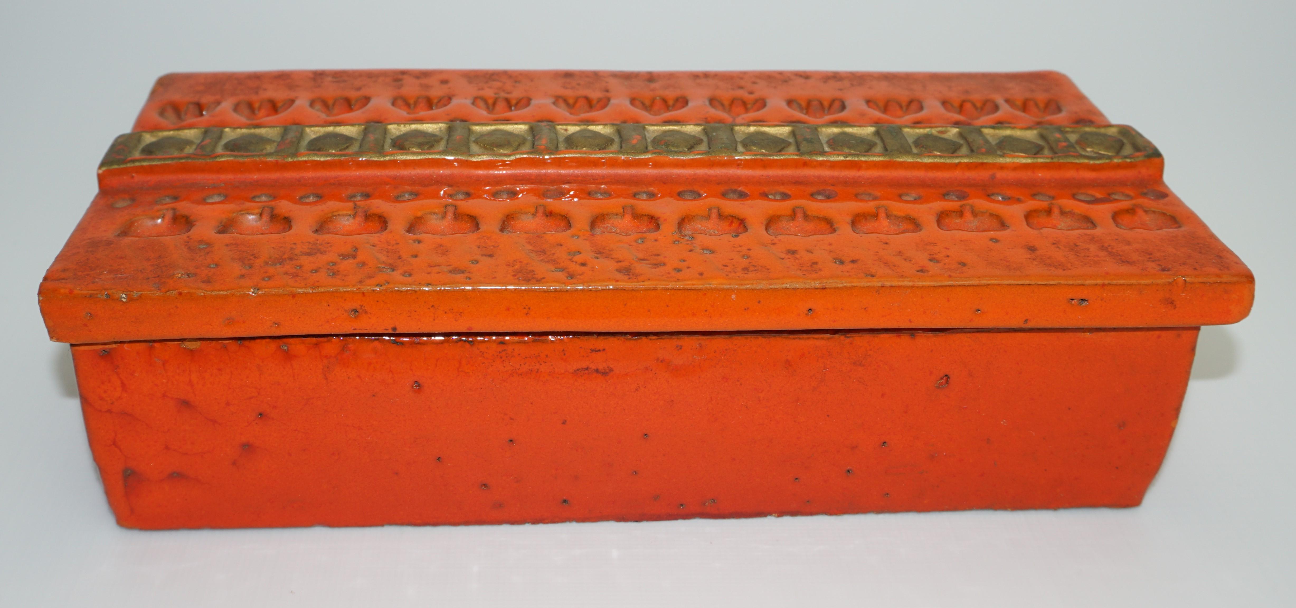 Italian Ceramic Box by Aldo Londi Bitossi, Italy, C 1960, Orange with Gold Decoration For Sale