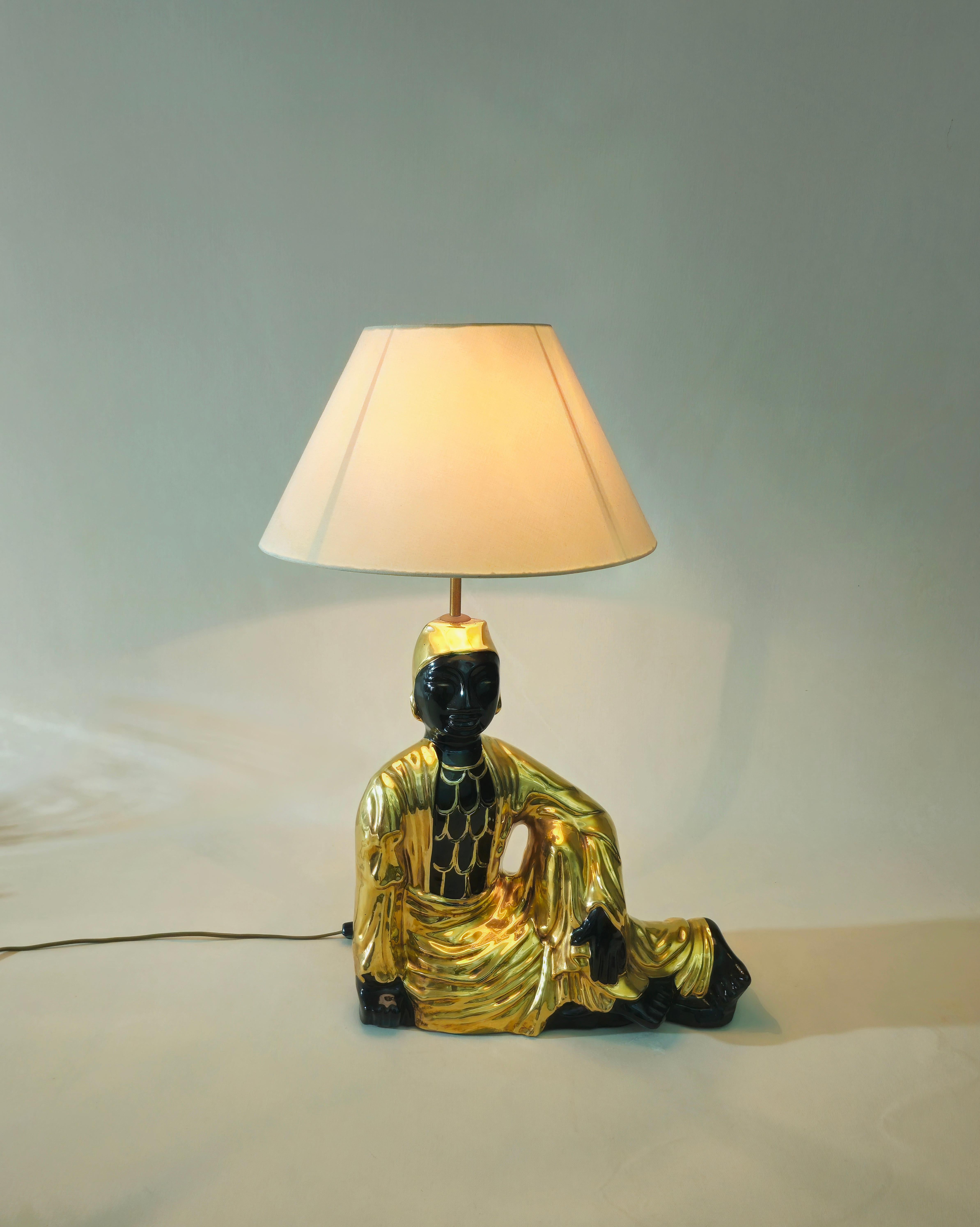 Mid-Century Modern Ceramic Buddha Large Table Lamp Italy 1970s Midcentury