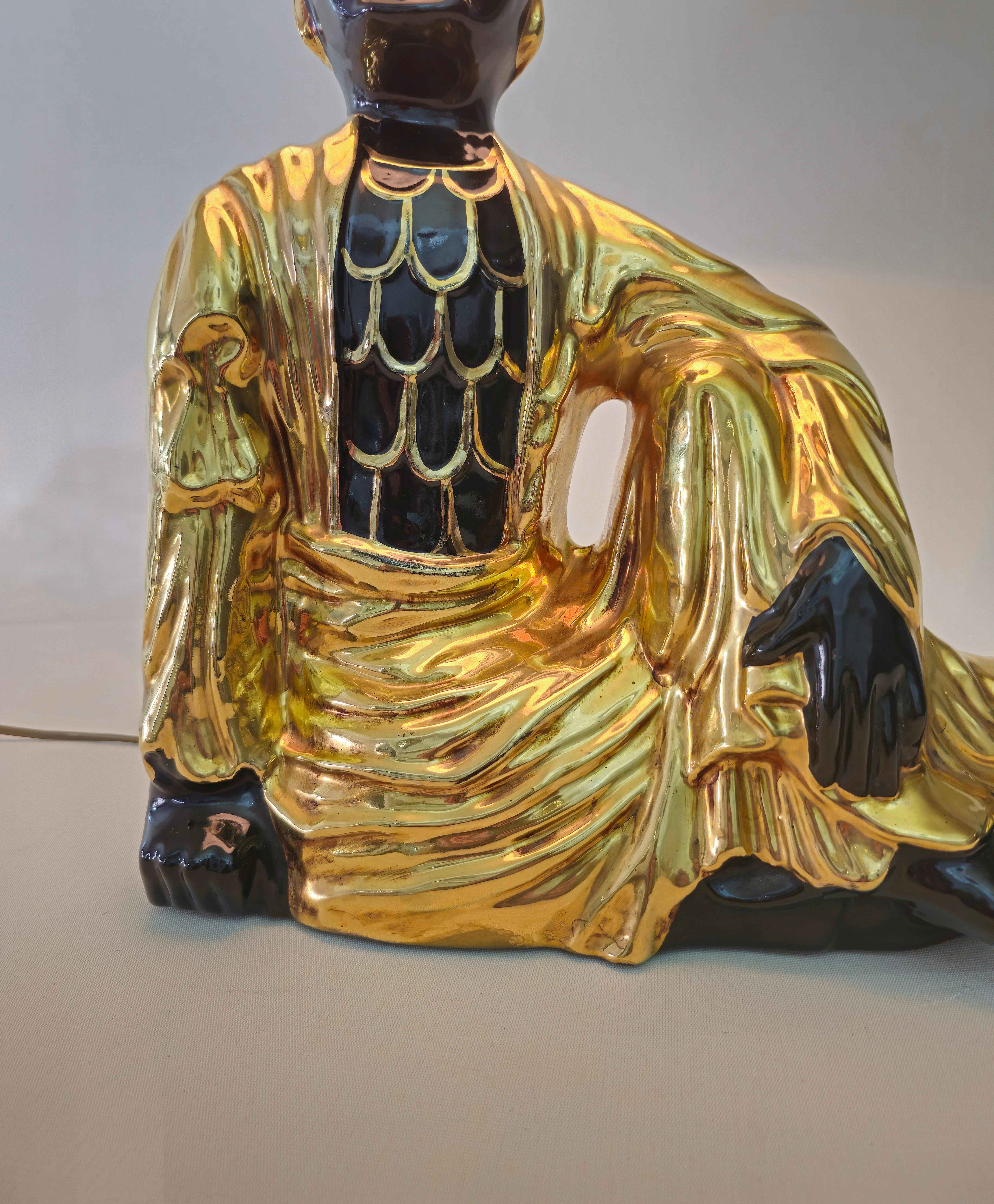 Ceramic Buddha Large Table Lamp Italy 1970s Midcentury In Good Condition In Palermo, IT