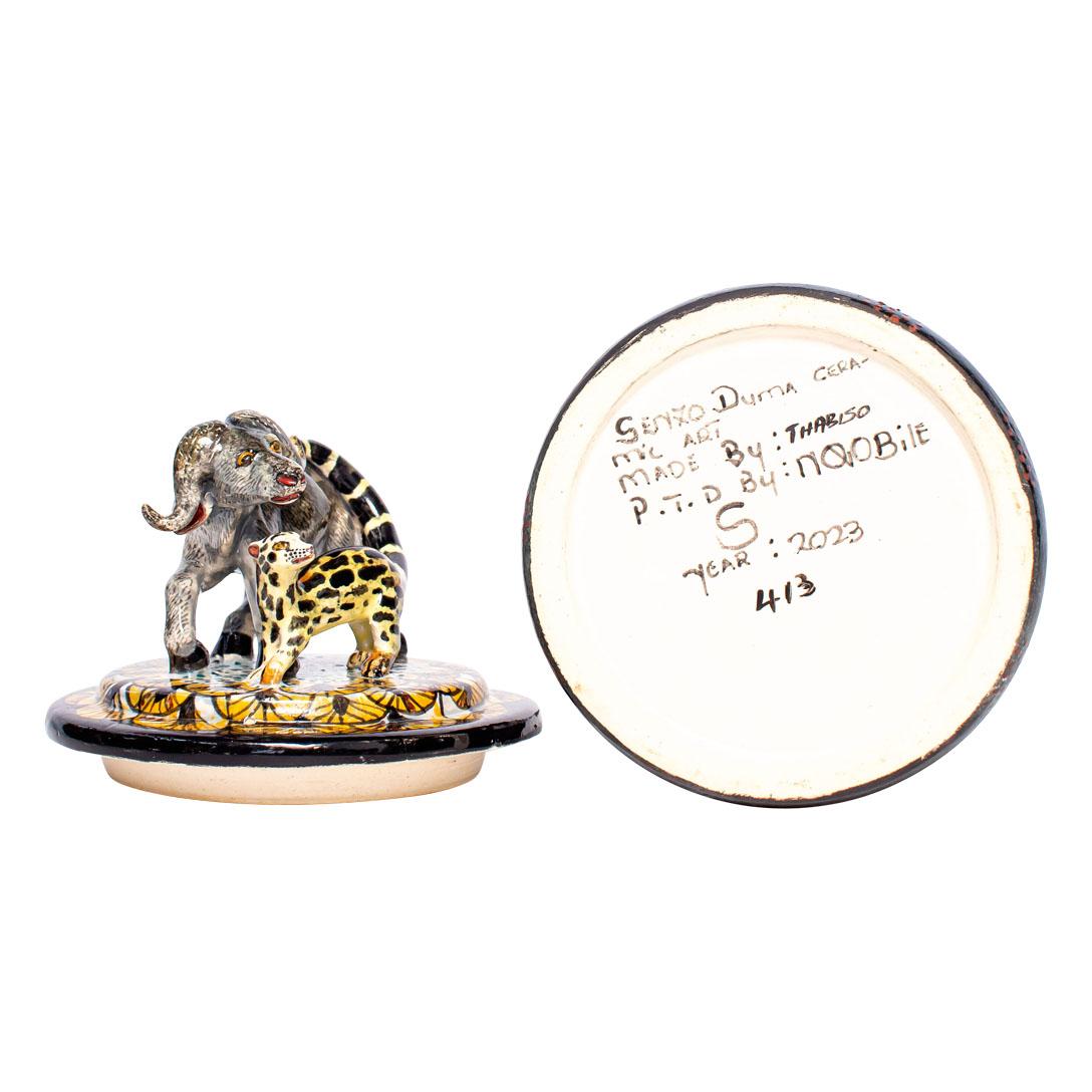 Modern Ceramic  Buffalo And Genet Cat Jewelry Box  , hand made in South Africa For Sale