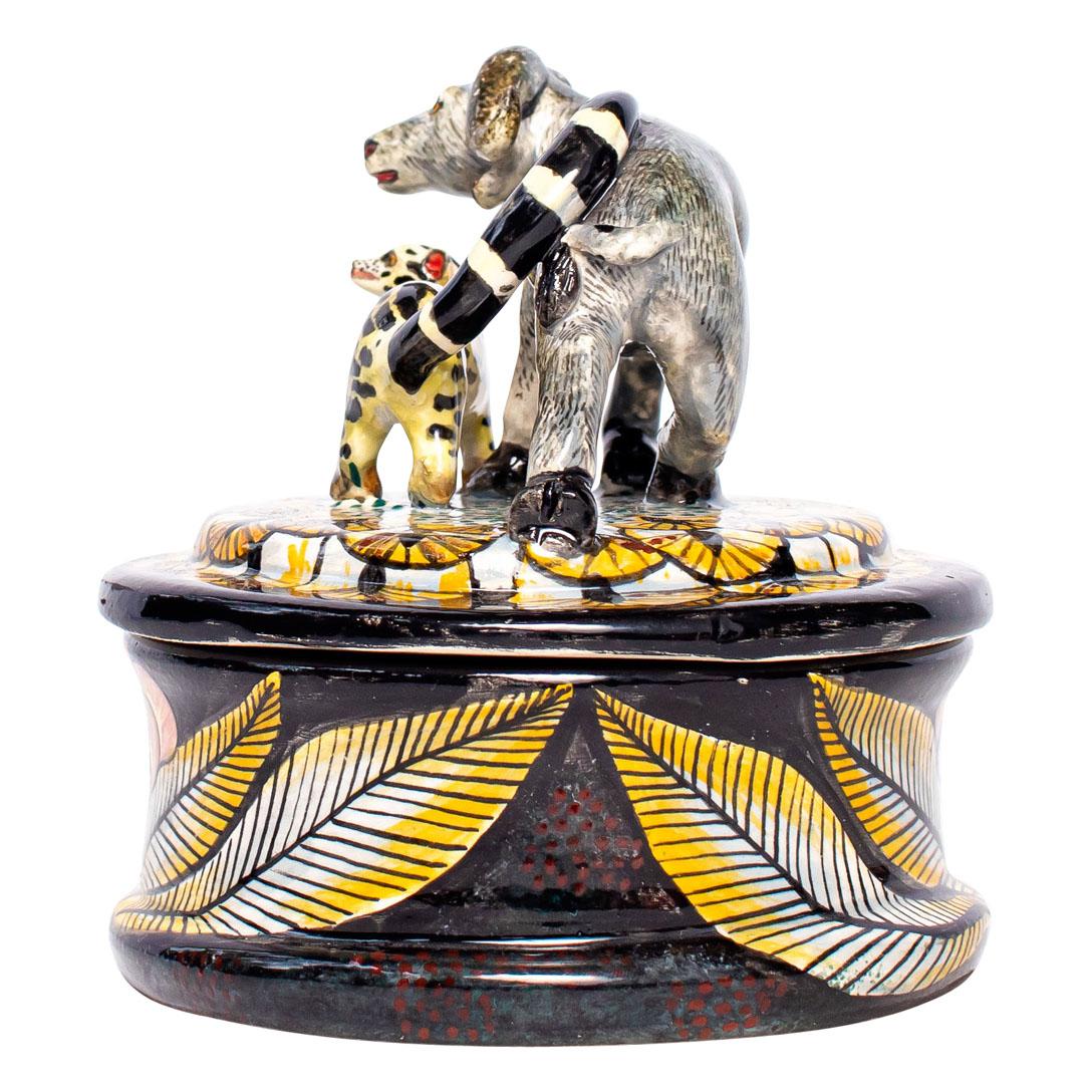 South African Ceramic  Buffalo And Genet Cat Jewelry Box  , hand made in South Africa For Sale