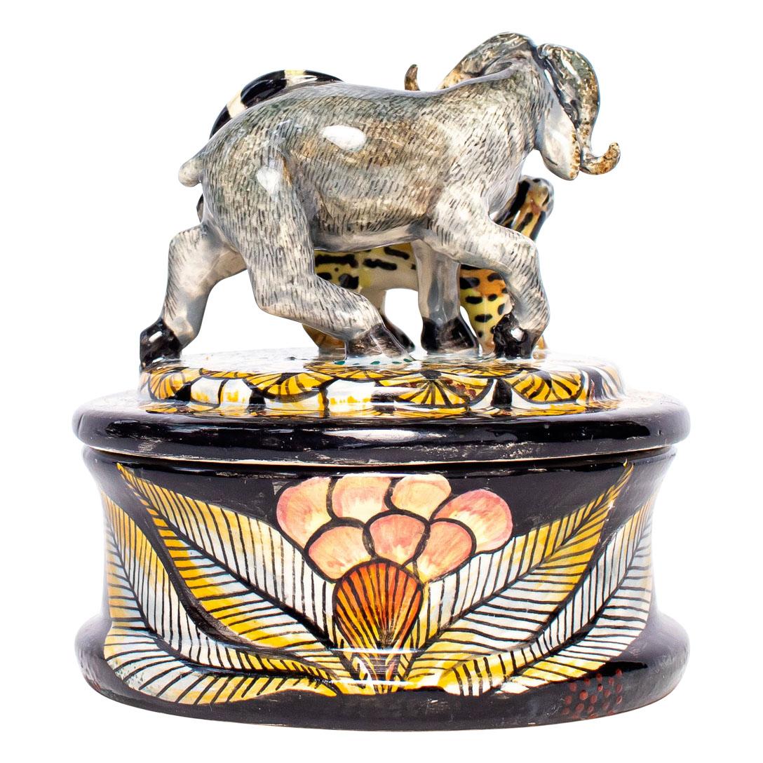 Fired Ceramic  Buffalo And Genet Cat Jewelry Box  , hand made in South Africa For Sale