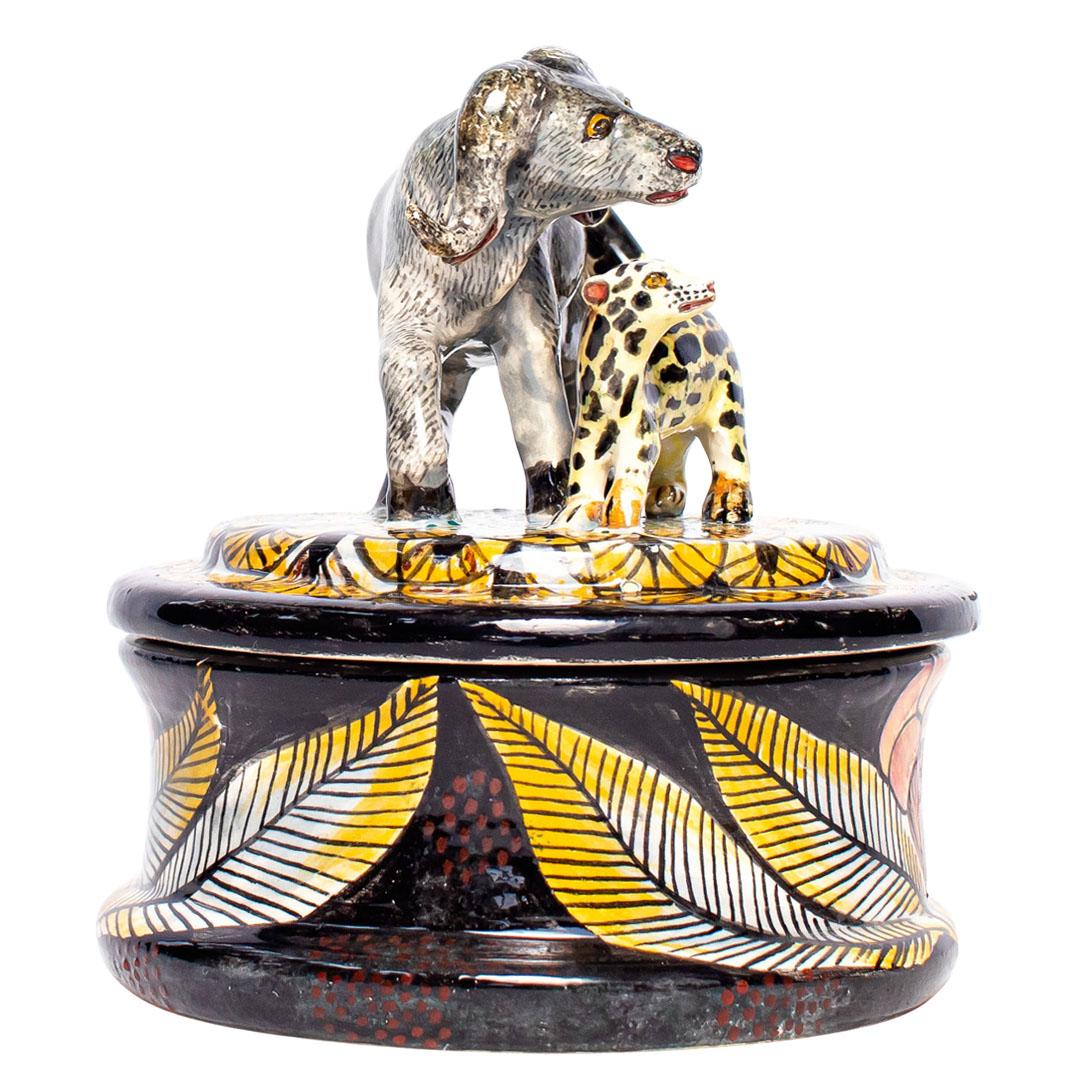 Ceramic  Buffalo And Genet Cat Jewelry Box  , hand made in South Africa In Excellent Condition For Sale In North Miami, FL