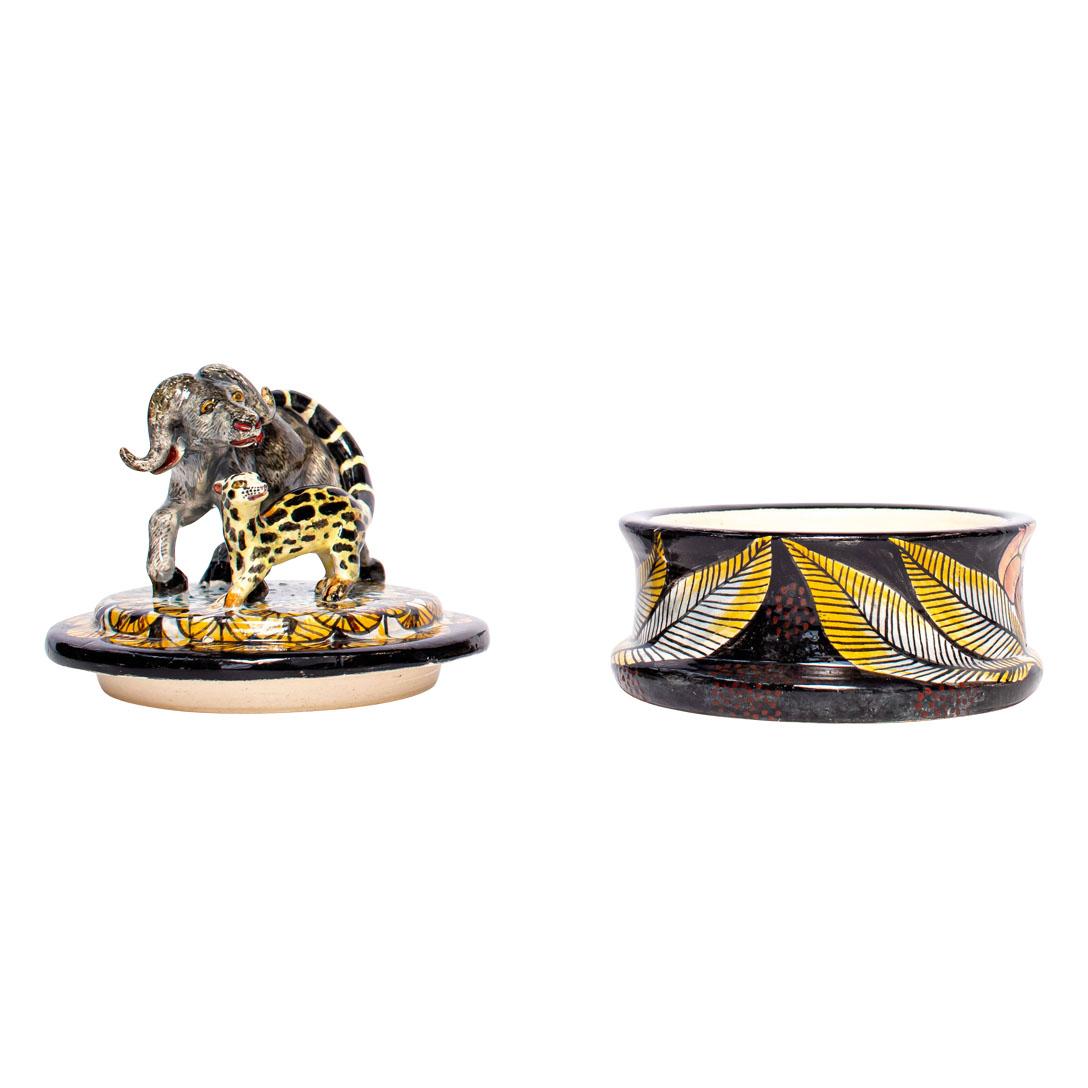 Contemporary Ceramic  Buffalo And Genet Cat Jewelry Box  , hand made in South Africa For Sale