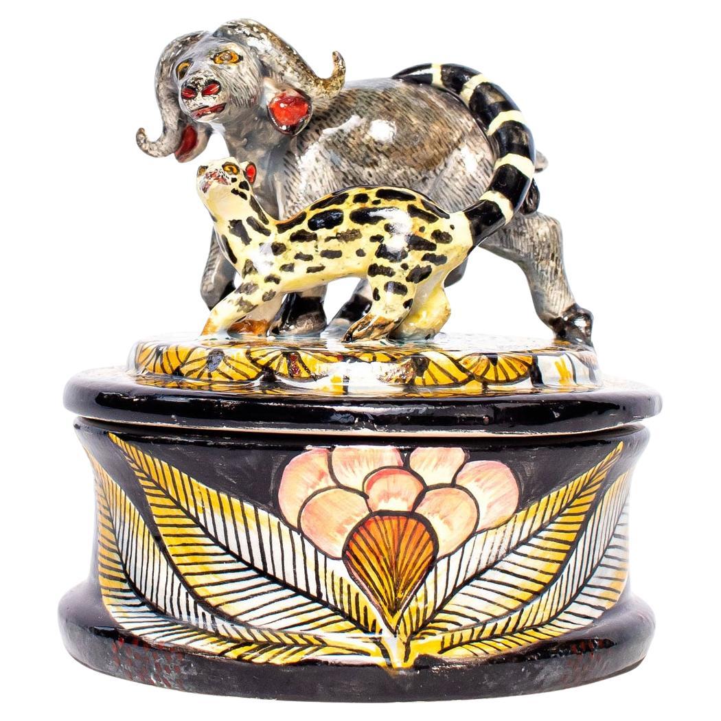Ceramic  Buffalo And Genet Cat Jewelry Box  , hand made in South Africa