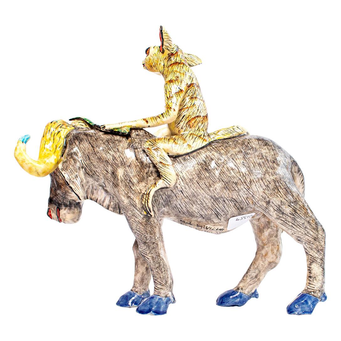 Modern Ceramic Buffalo Bushbaby  Rider, Hand  made in South Africa For Sale