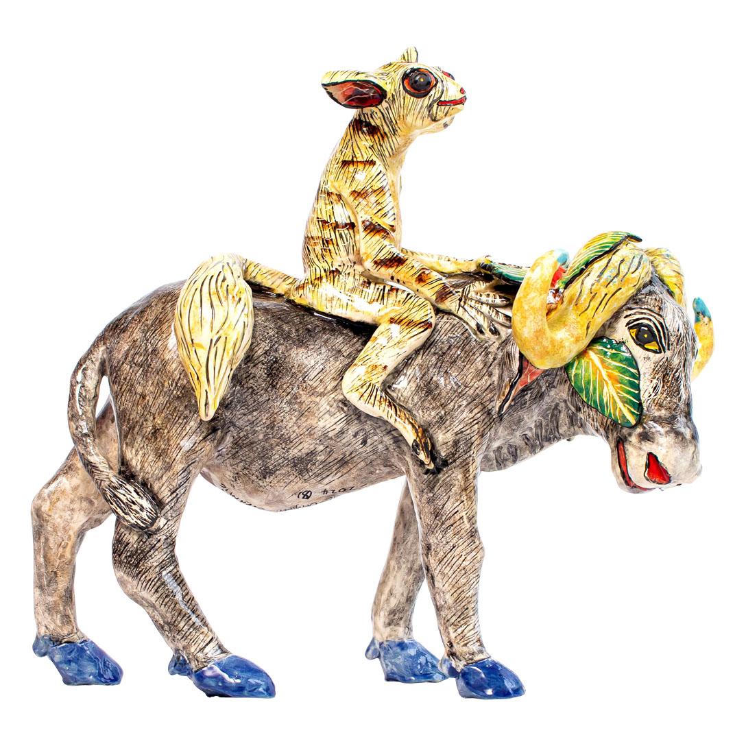 Fired Ceramic Buffalo Bushbaby  Rider, Hand  made in South Africa For Sale