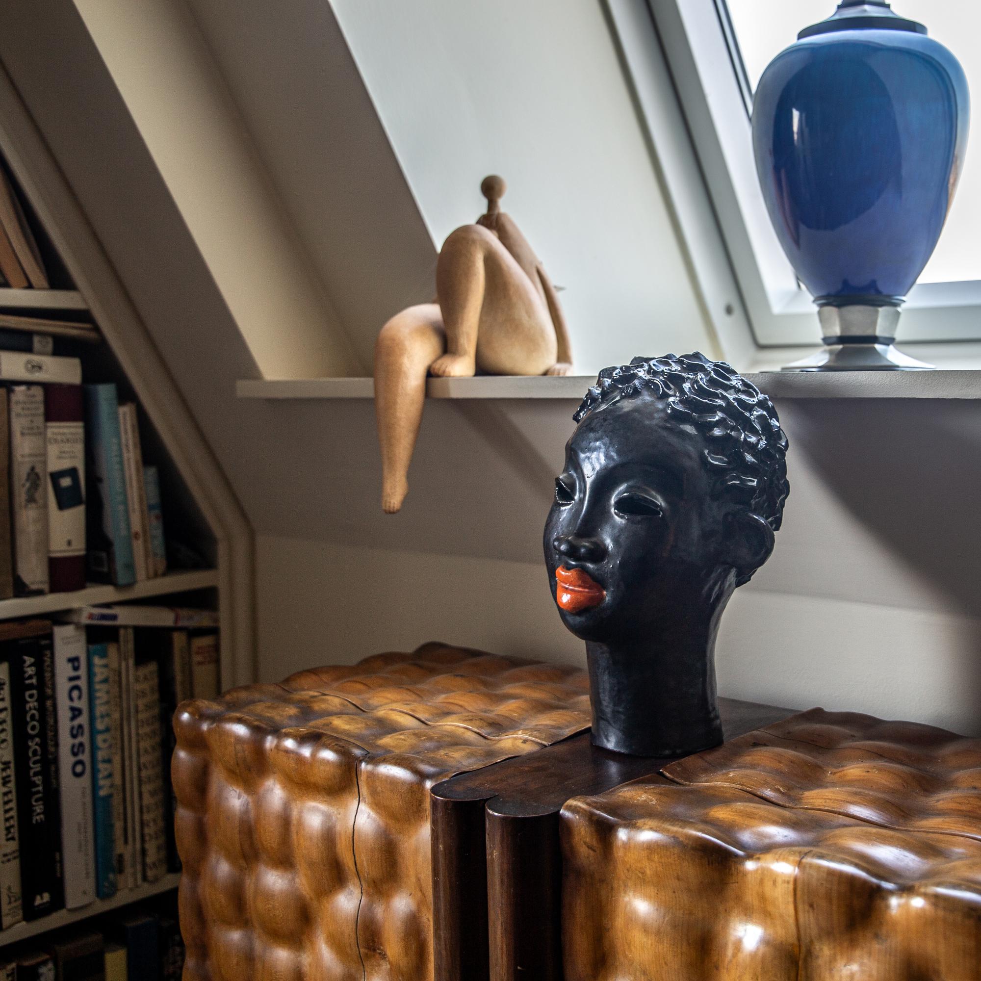 Austrian Ceramic bust African woman with flame lips by The Weiner Werkstatte, Vienna 1930 For Sale