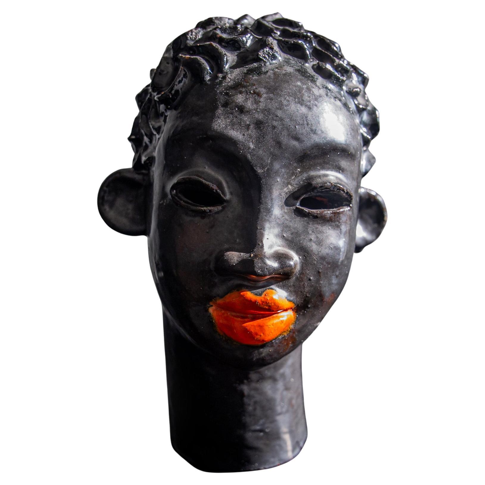 Ceramic bust African woman with flame lips by The Weiner Werkstatte, Vienna 1930 For Sale