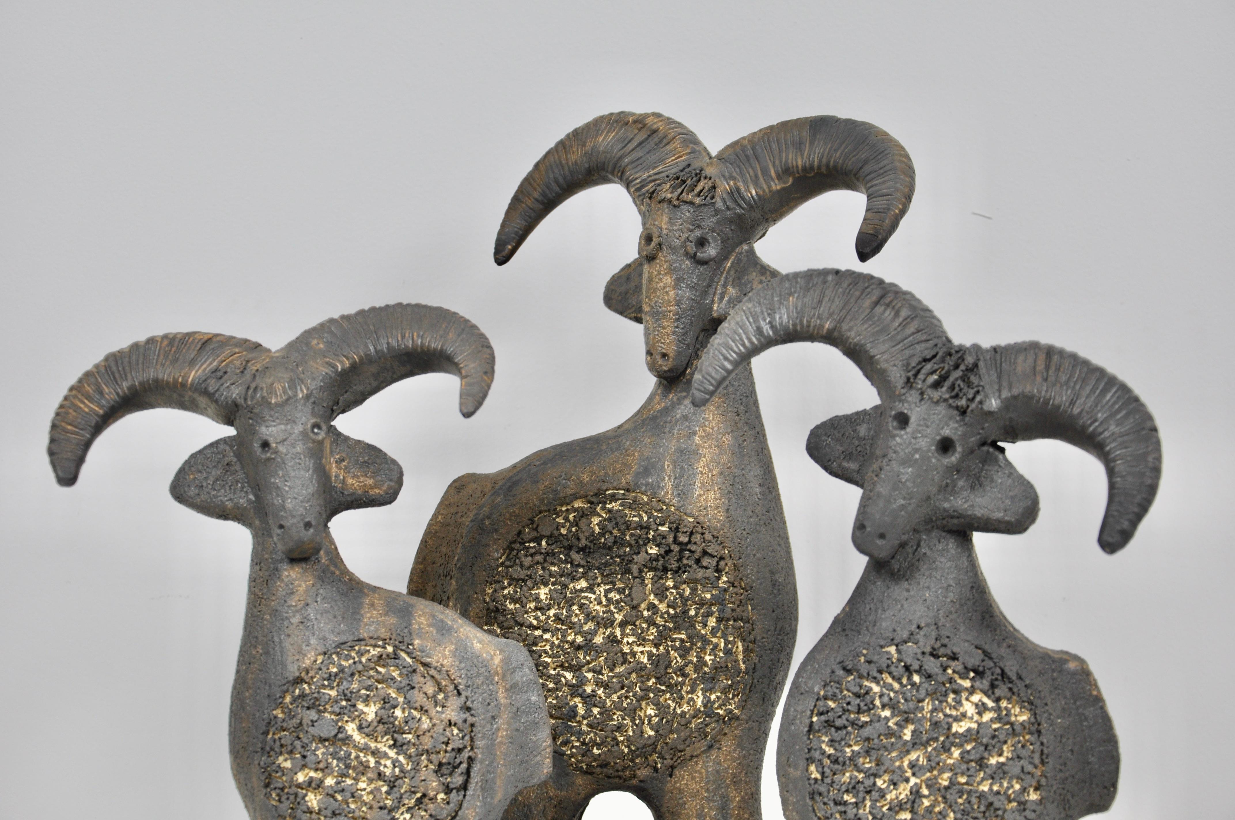 Series of 3 ceramic goats of different heights. Stamped Dominique Pouchain.
Measures: Big: H: 38cm, W: 19cm, D: 14cm
Medium: H: 28cm, W: 21cm, D: 8cm
Small: H: 29cm, W: 15cm, D: 10cm.
