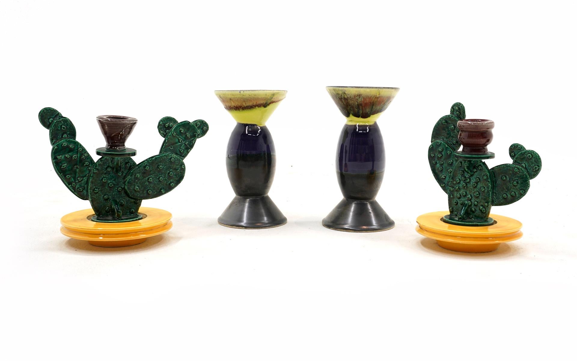 Post-Modern Ceramic Cactus Candlesticks by Peter Shire. Signed EXP 2000.  Mint Condition. For Sale