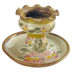 Vintage Ceramic Candleholder France 1960 Beige Green Flowers Decor Pattern by Kerluc