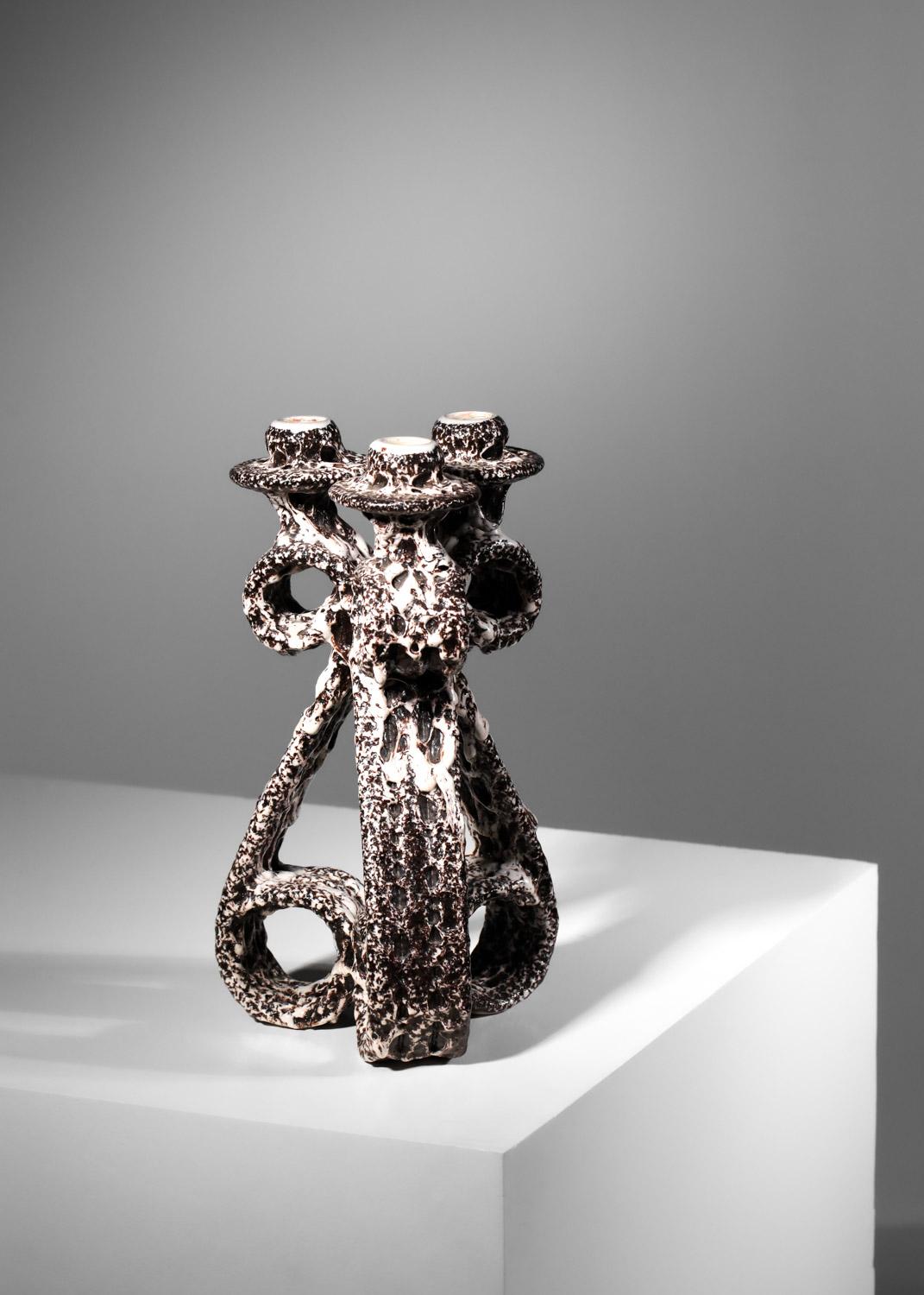 Hand-Crafted Ceramic candlestick from Vallauris by Marius Giuge For Sale
