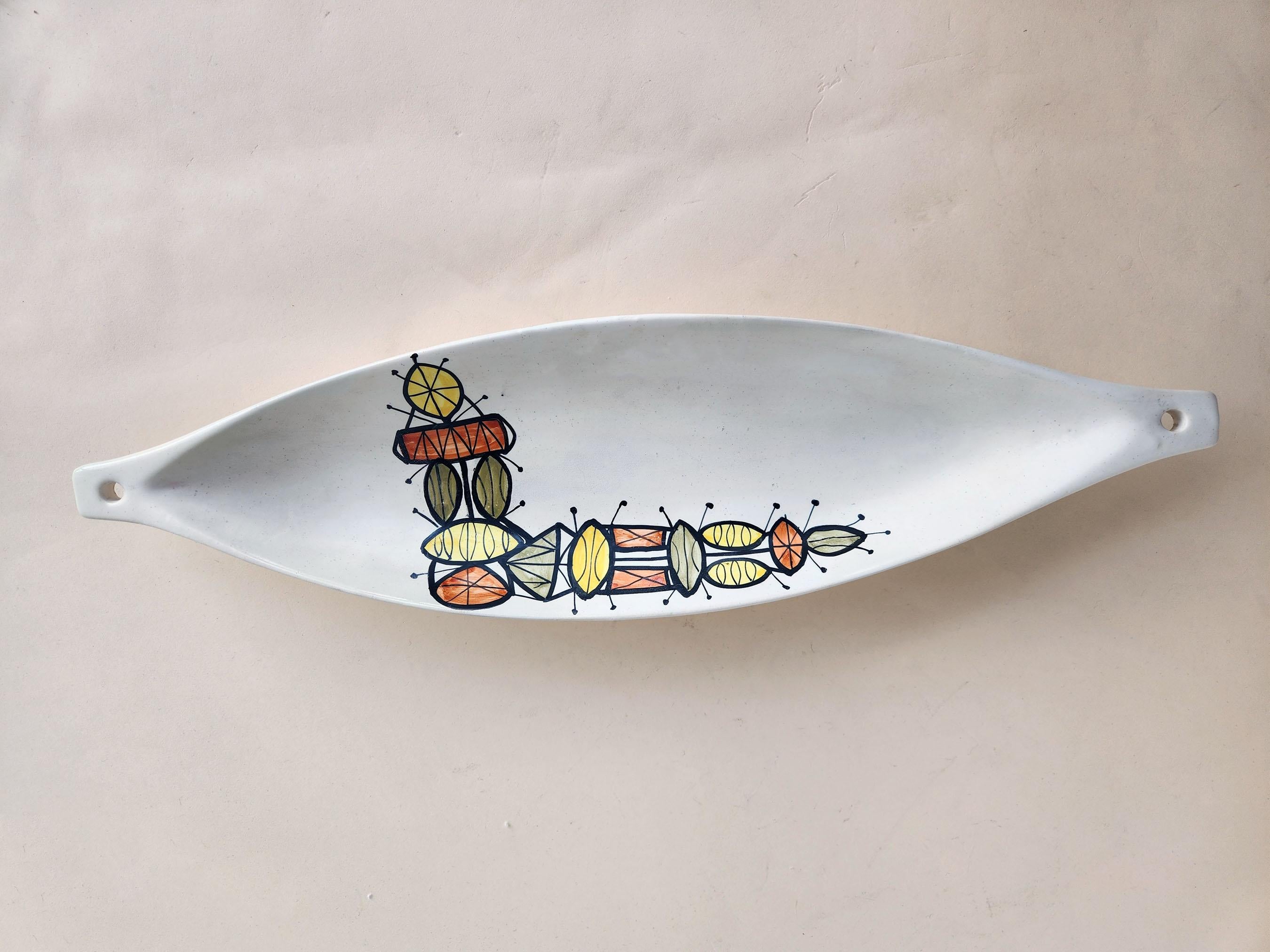 Mid-Century Modern Roger Capron - Ceramic Canoe Dish with Abstract Design For Sale