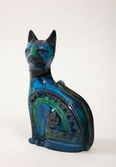 Ceramic Cat by Aldo Londi for Bitossi in 'Rimini blue' Italy Ca. 1960