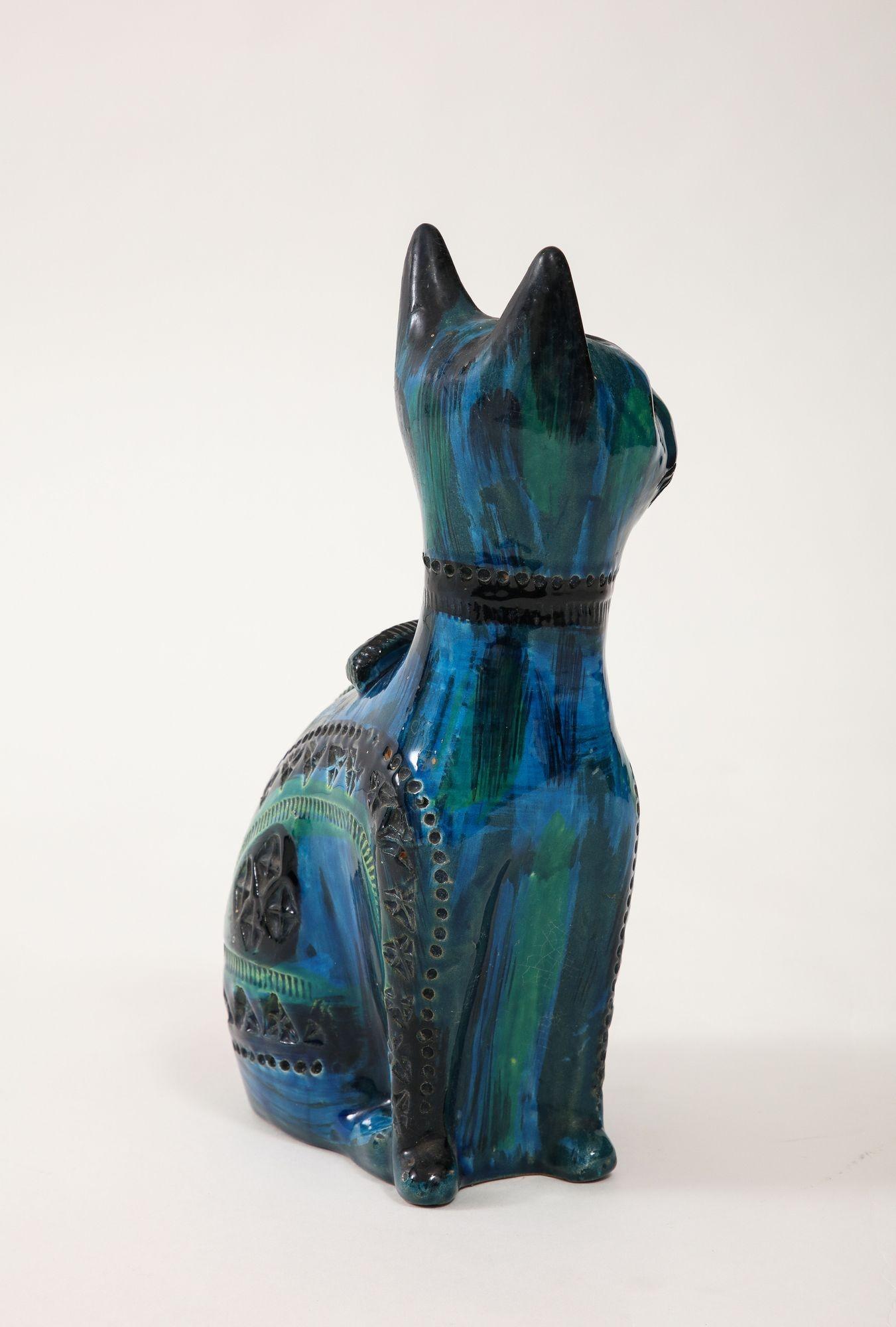 Milieu du XXe siècle Cat en céramique d'Aldo Londi pour Bitossi en « bleu Rimini » Italie vers 1960 en vente