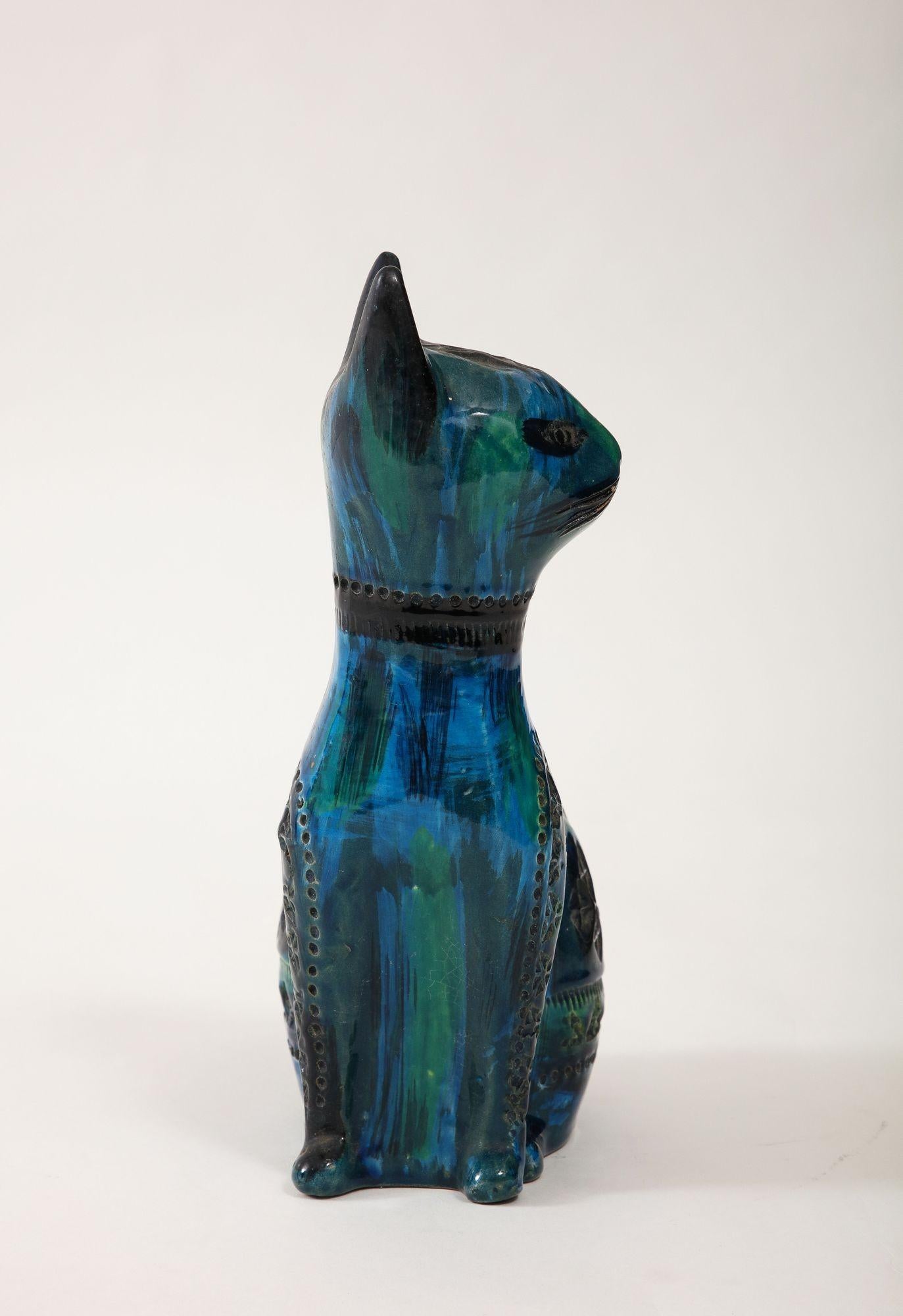 Mid-20th Century Ceramic Cat by Aldo Londi for Bitossi in 'Rimini blue' Italy Ca. 1960 For Sale