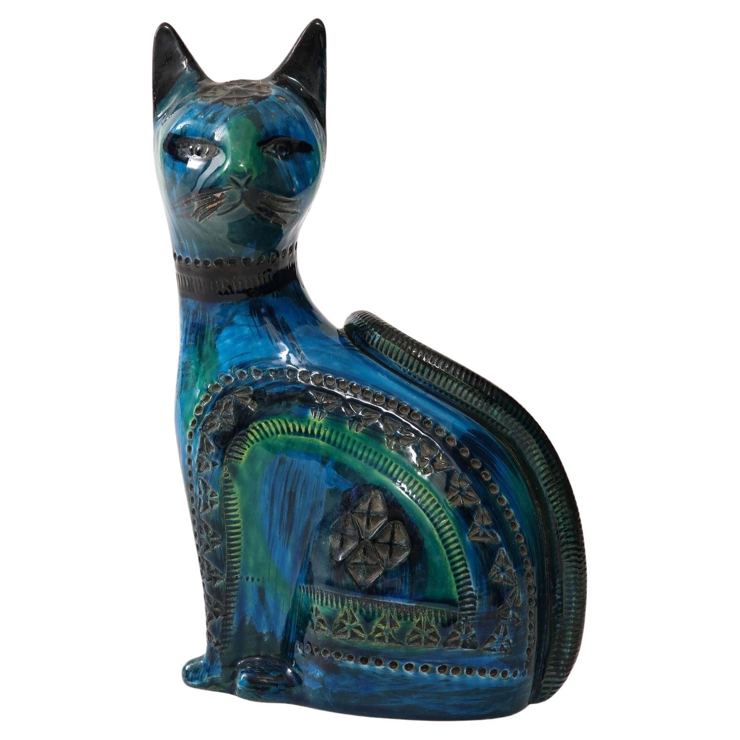 Ceramic Cat by Aldo Londi for Bitossi in 'Rimini blue' Italy Ca. 1960 For Sale