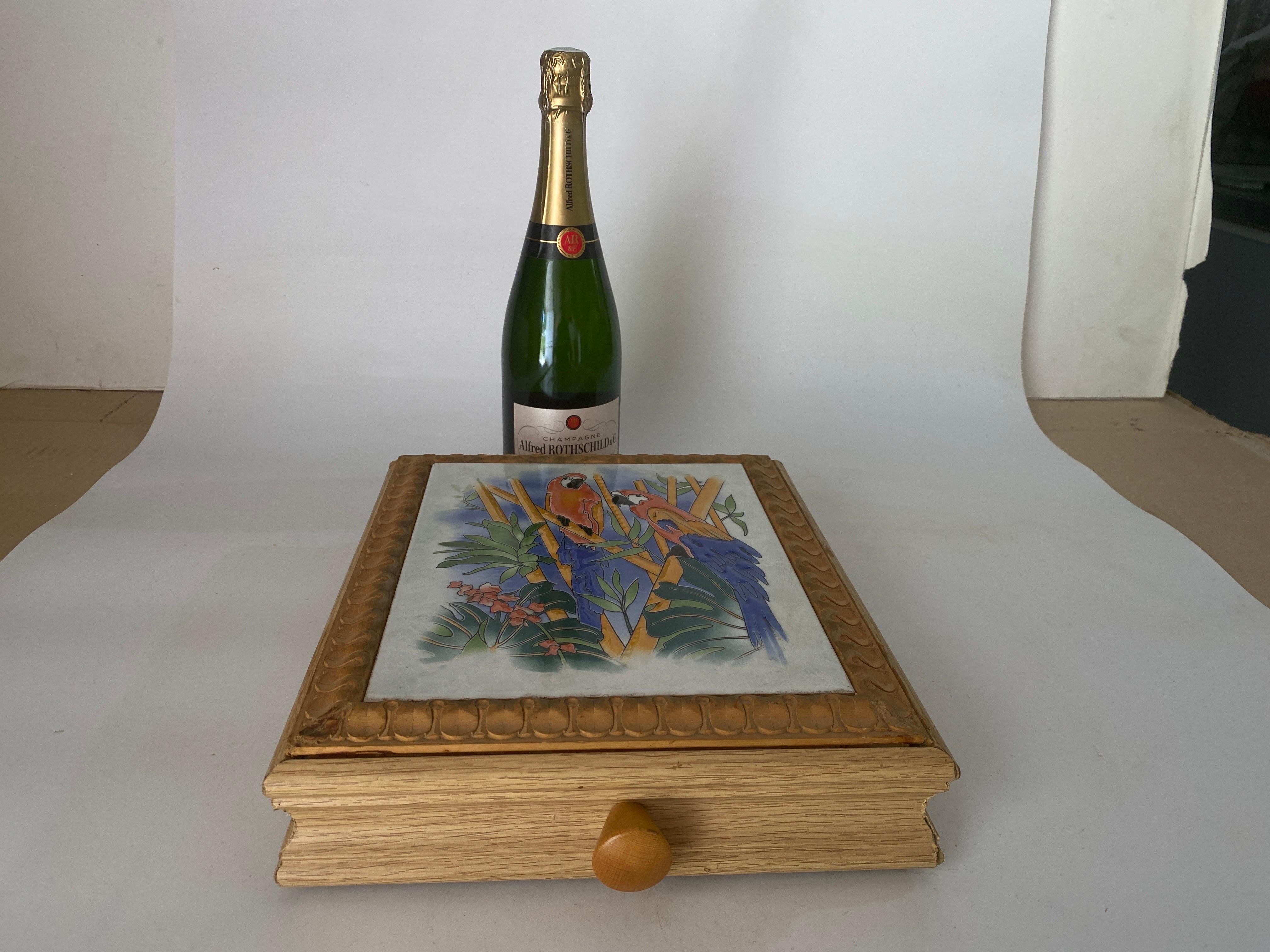 Ceramic Center Table or Trivet with a wood box Made in France, circa 1970 For Sale 6