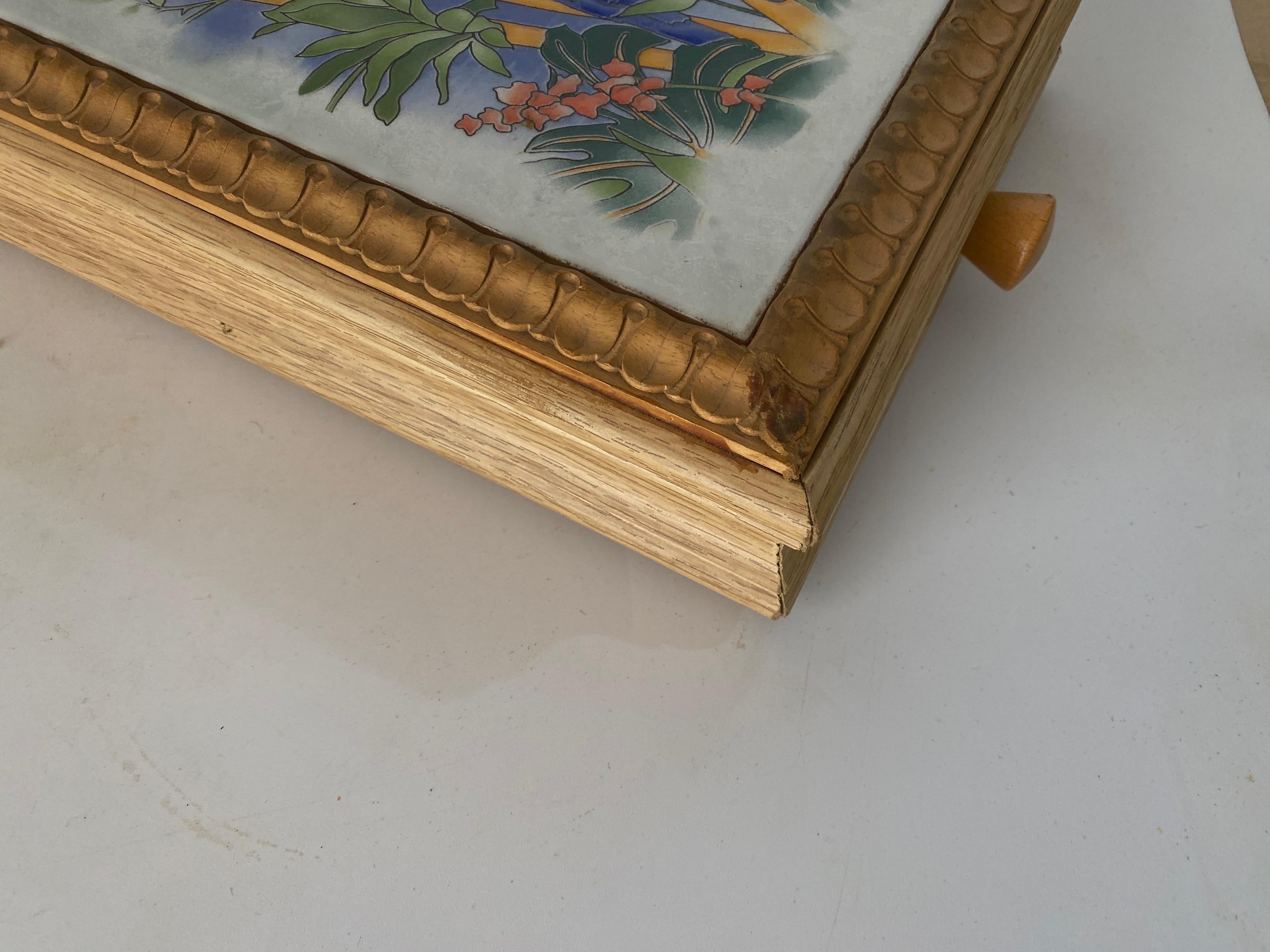 Ceramic Center Table or Trivet with a wood box Made in France, circa 1970 For Sale 2