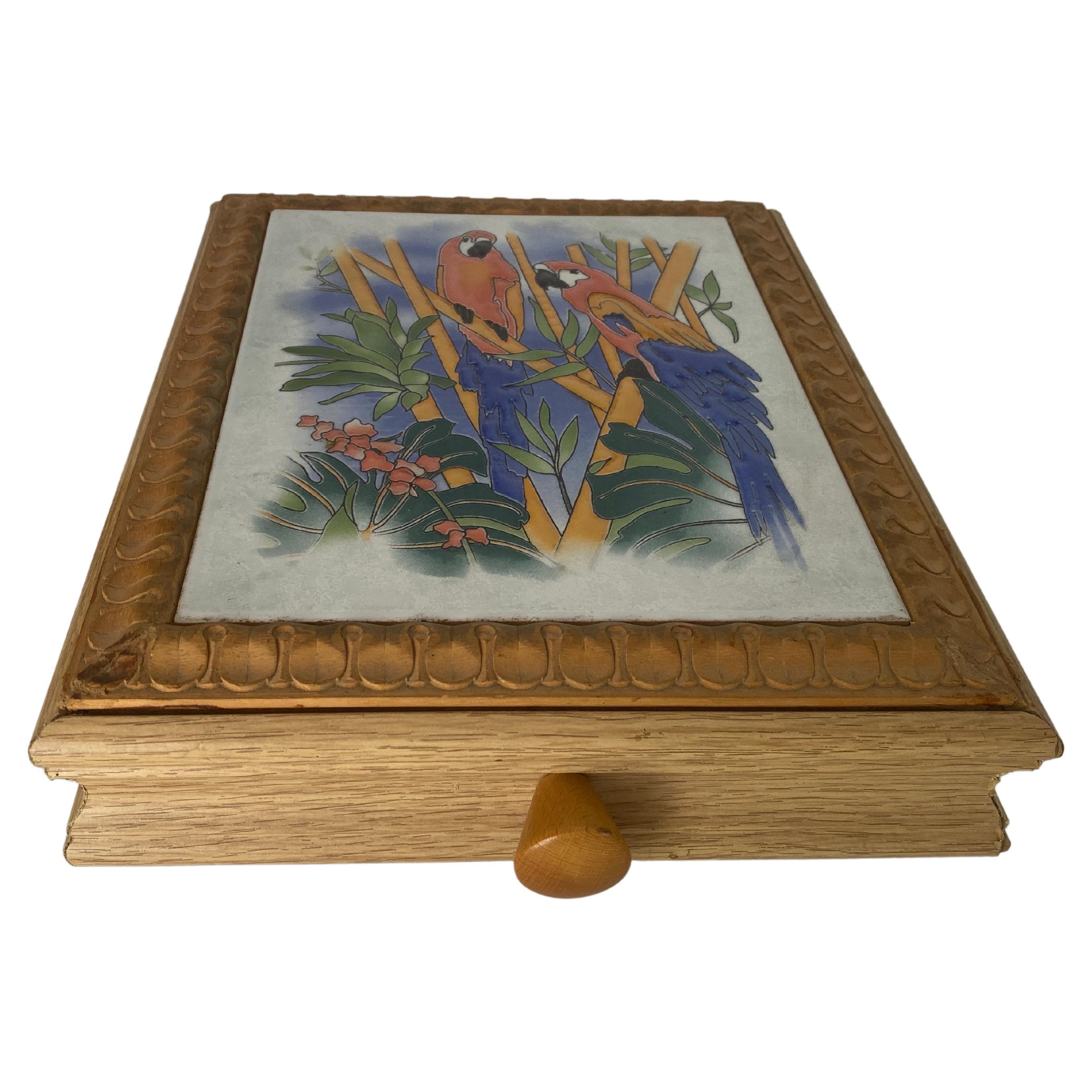 Ceramic Center Table or Trivet with a wood box Made in France, circa 1970 For Sale
