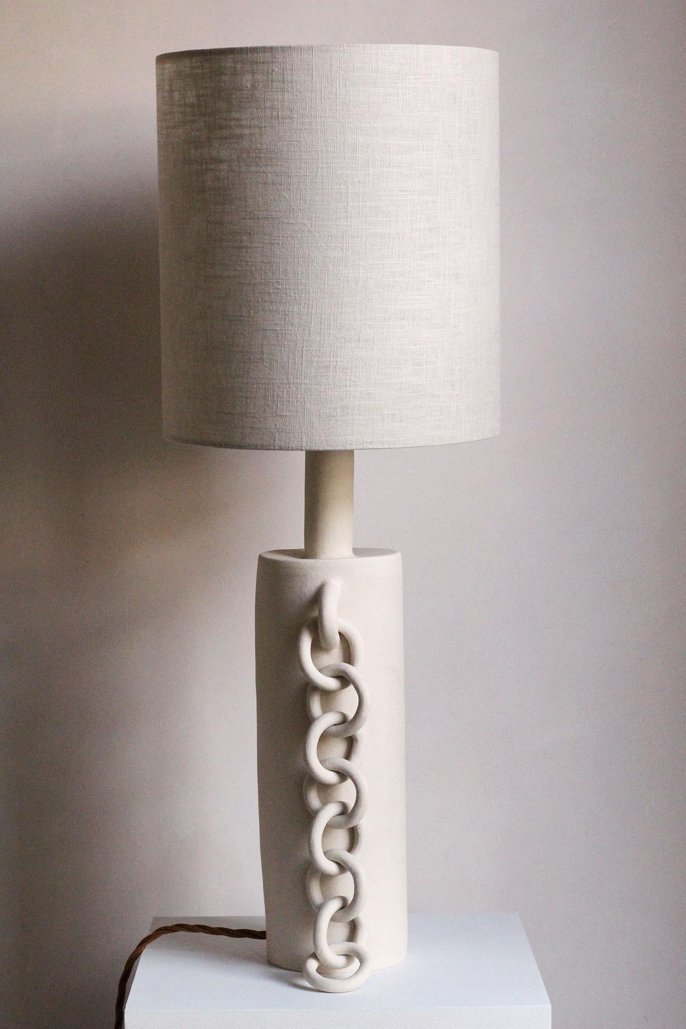 British Ceramic Chains Table Lamp With Linen Shade, Handmade, “OOOOO VII” by Miyelle For Sale