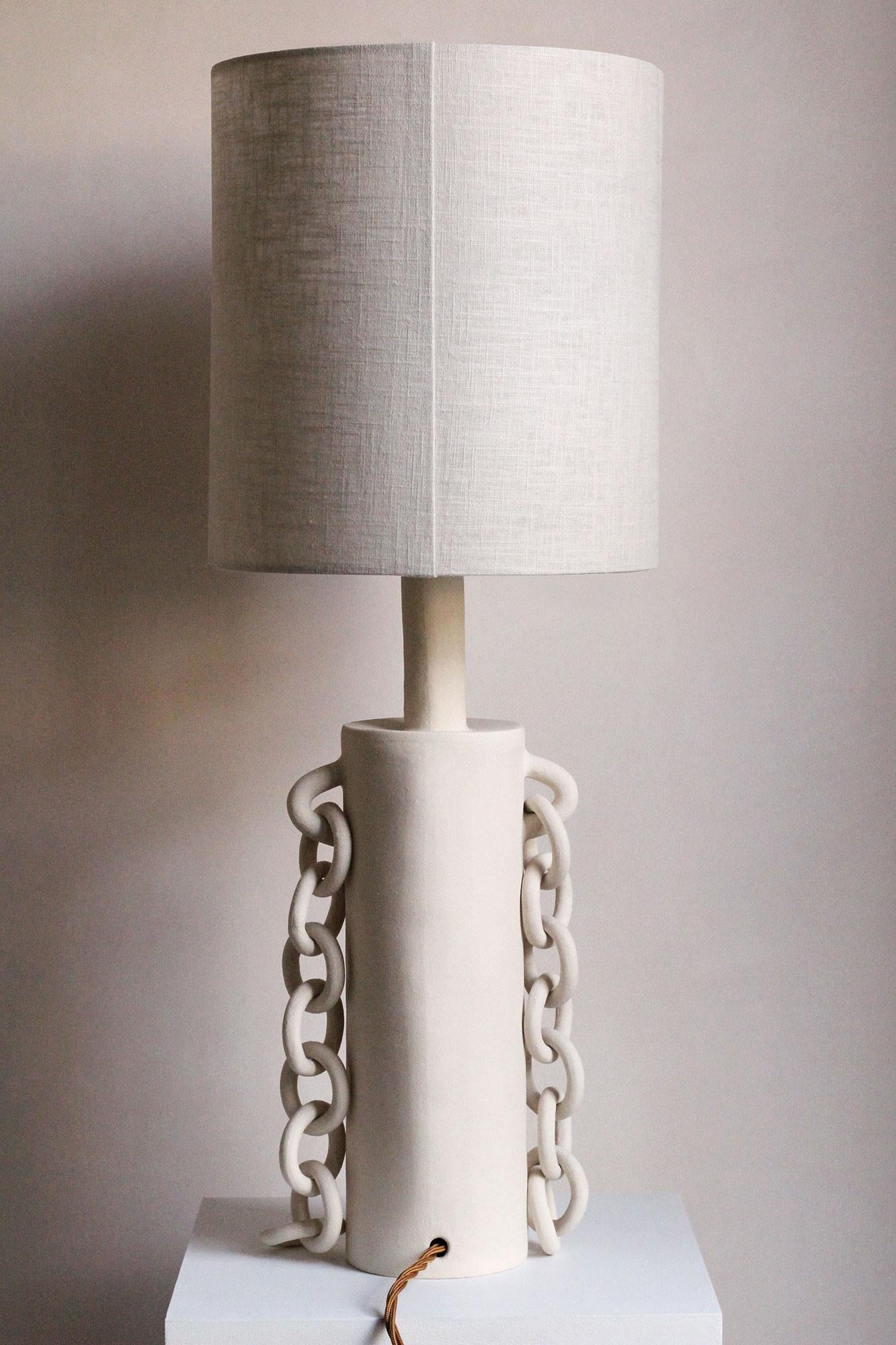 Hand-Crafted Ceramic Chains Table Lamp With Linen Shade, Handmade, “OOOOO VII” by Miyelle For Sale