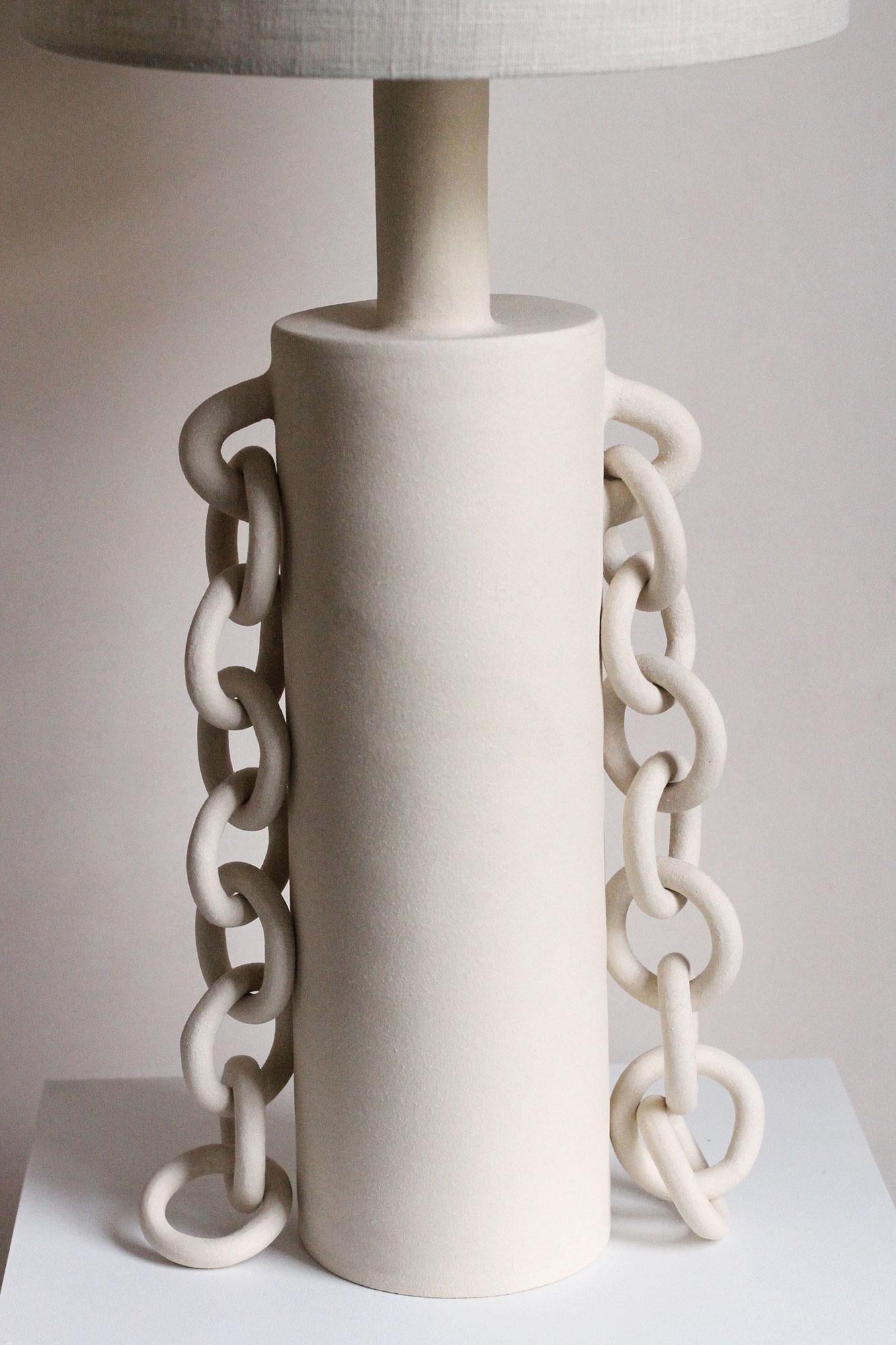 Contemporary Ceramic Chains Table Lamp With Linen Shade, Handmade, “OOOOO VII” by Miyelle For Sale