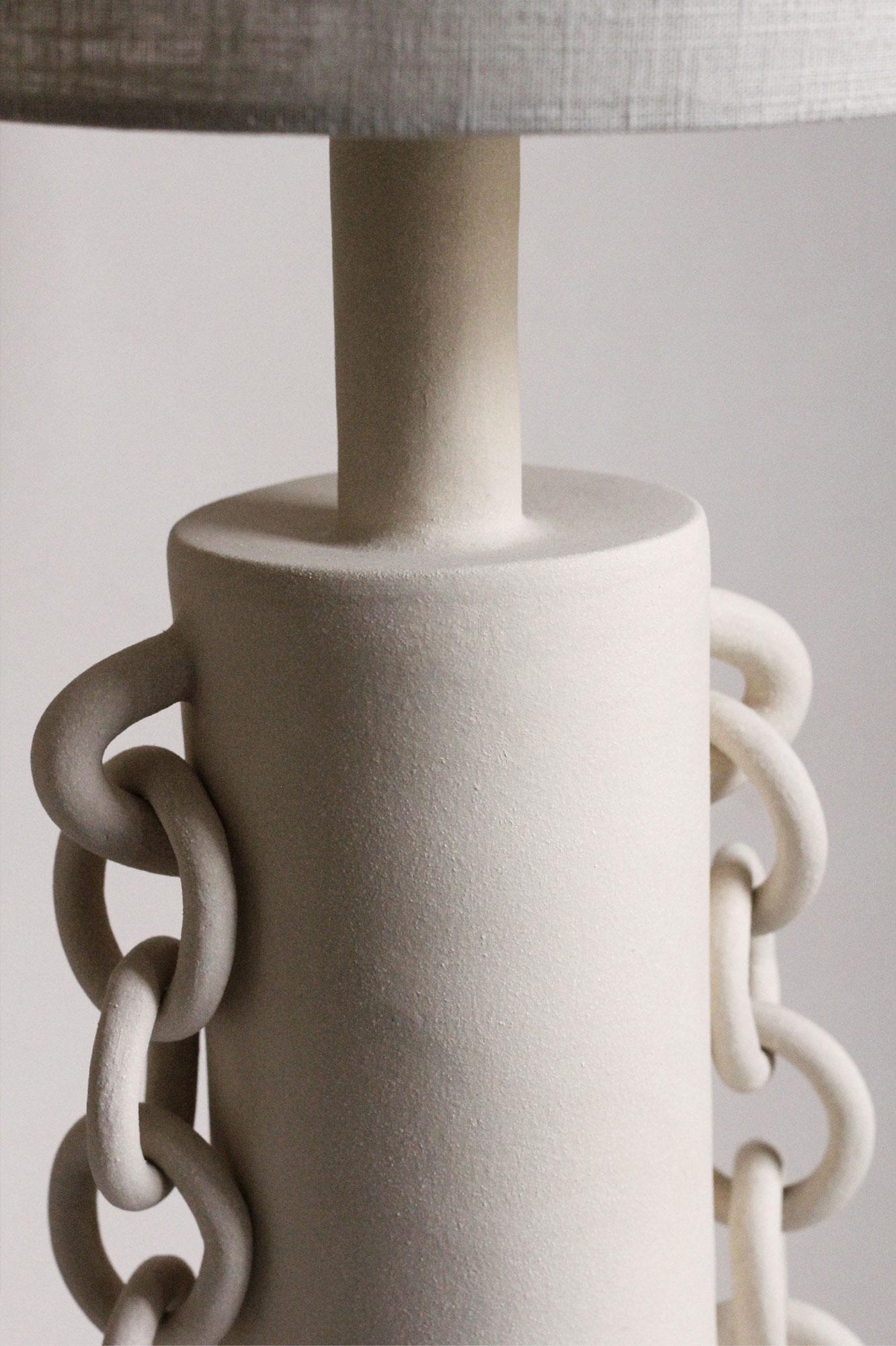 Brass Ceramic Chains Table Lamp With Linen Shade, Handmade, “OOOOO VII” by Miyelle For Sale