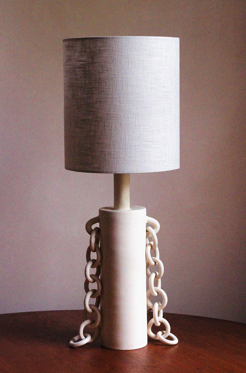 Ceramic Chains Table Lamp With Linen Shade, Handmade, “OOOOO VII” by Miyelle For Sale 2