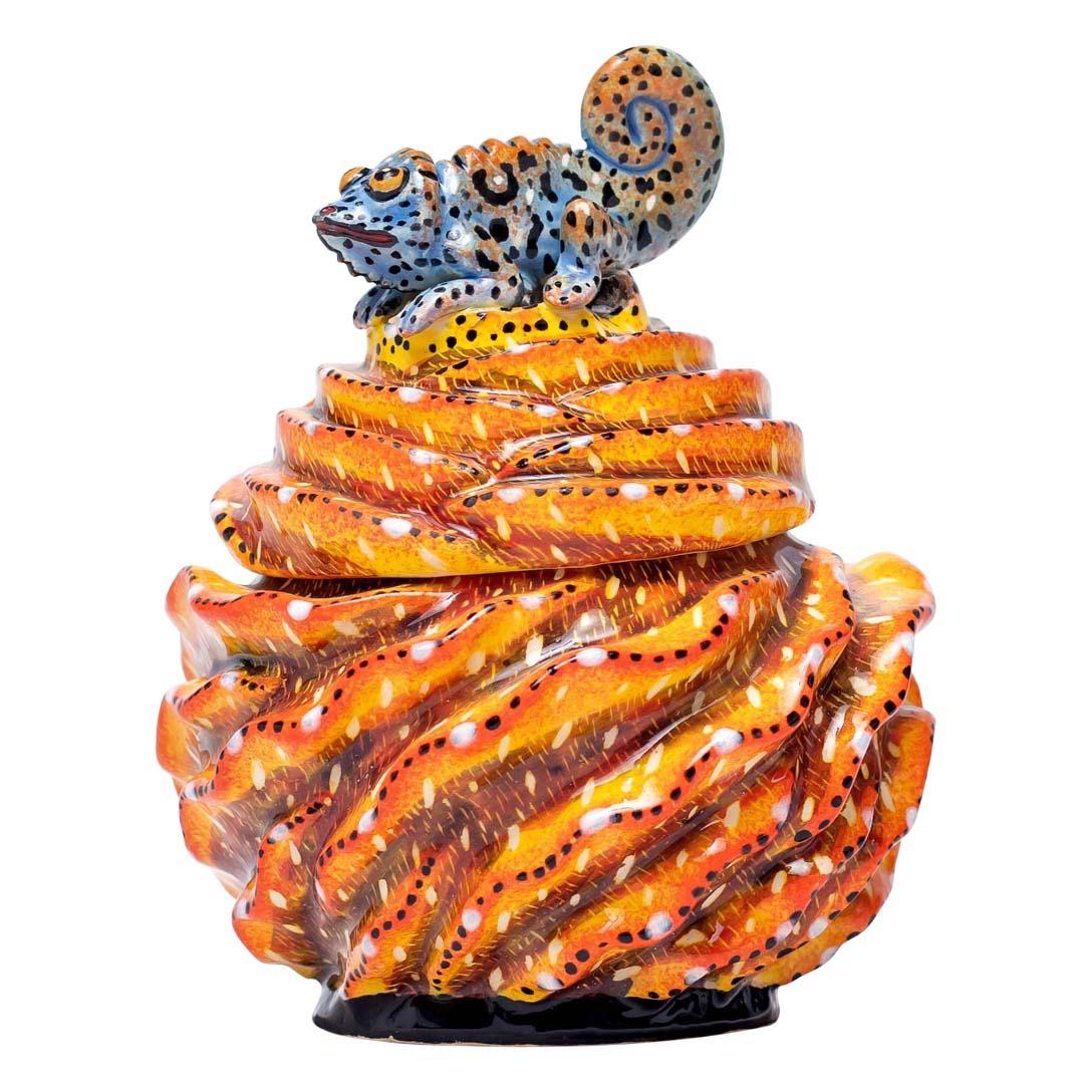 Hand-Painted Ceramic Chameleon  Jewelry Box  , hand made in South Africa For Sale