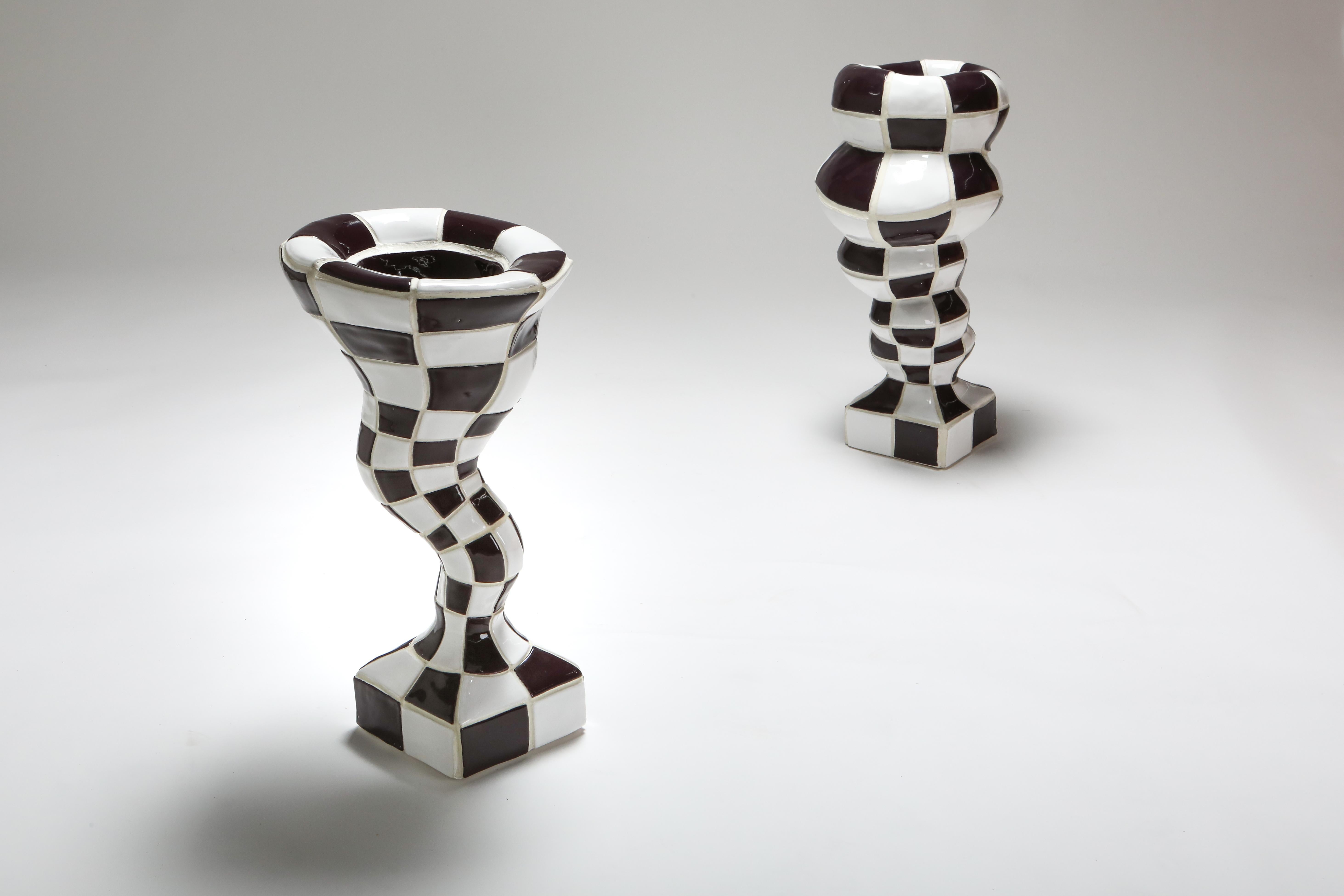 Acrylic Ceramic Checkered Vase 'Pothole Portal Vex' by Touche-Touche For Sale