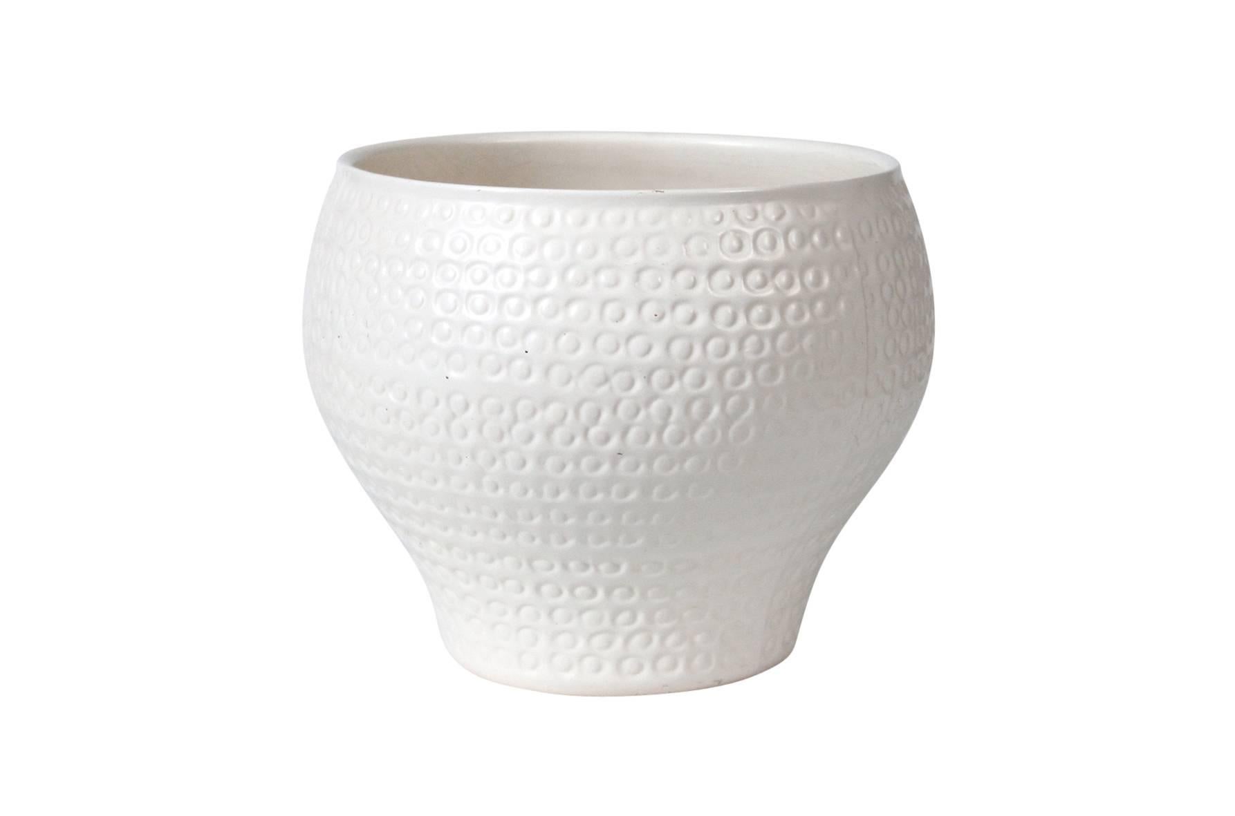 White ceramic planter by California potter David Cressey. This dimpled design is for the 