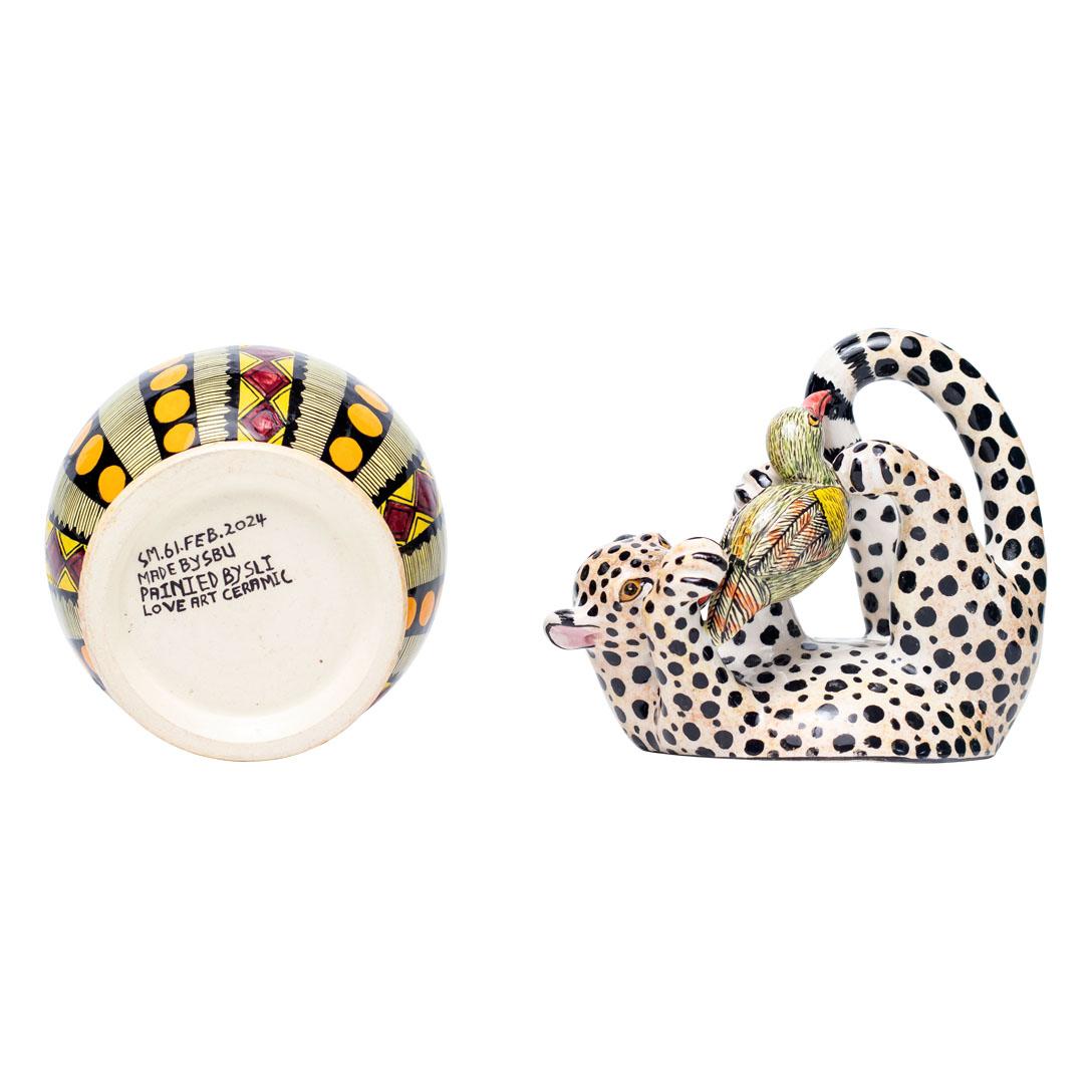 Modern Ceramic Cheetah And Bird Jewelry Box  , hand made in South Africa For Sale