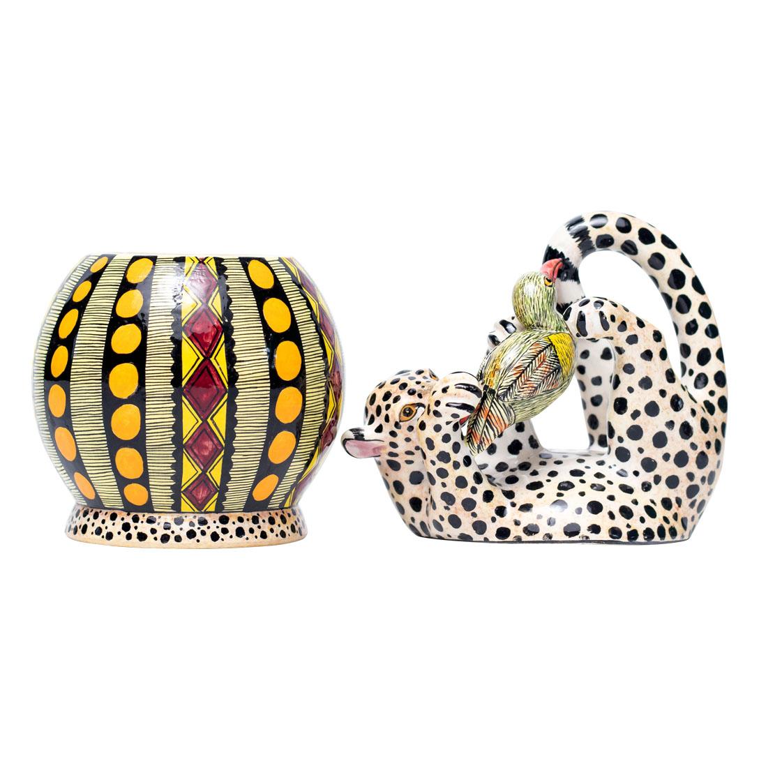 South African Ceramic Cheetah And Bird Jewelry Box  , hand made in South Africa For Sale