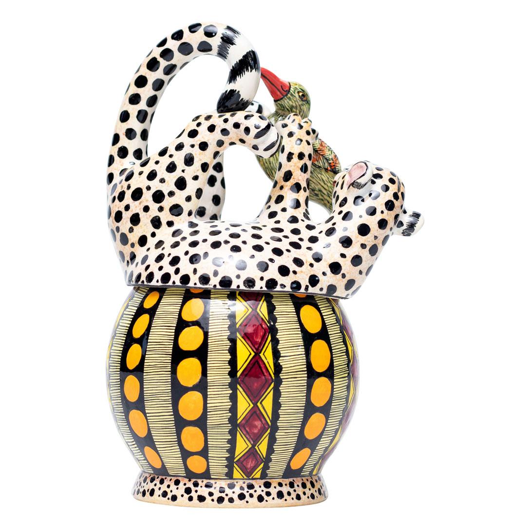 Hand-Painted Ceramic Cheetah And Bird Jewelry Box  , hand made in South Africa For Sale