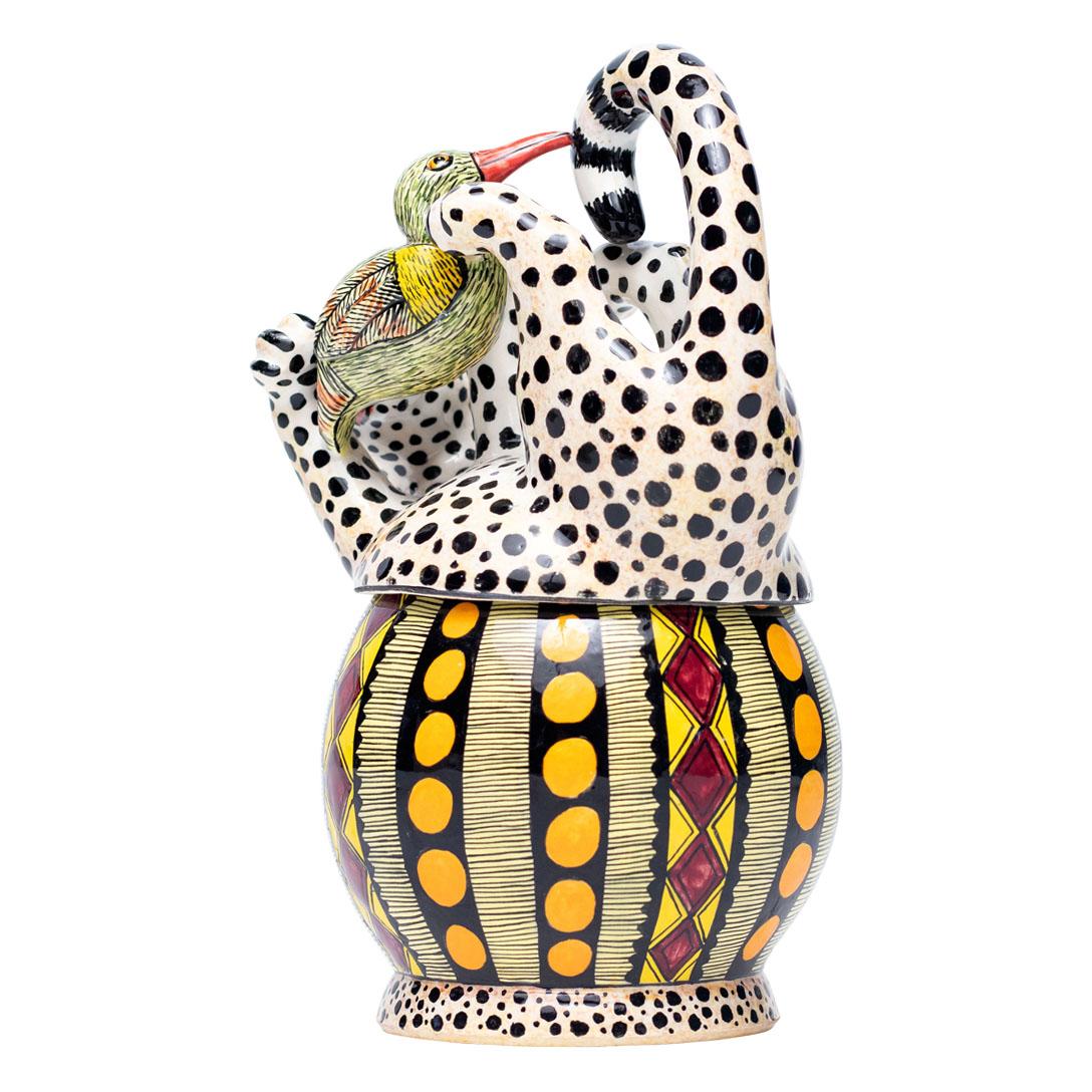 Contemporary Ceramic Cheetah And Bird Jewelry Box  , hand made in South Africa For Sale