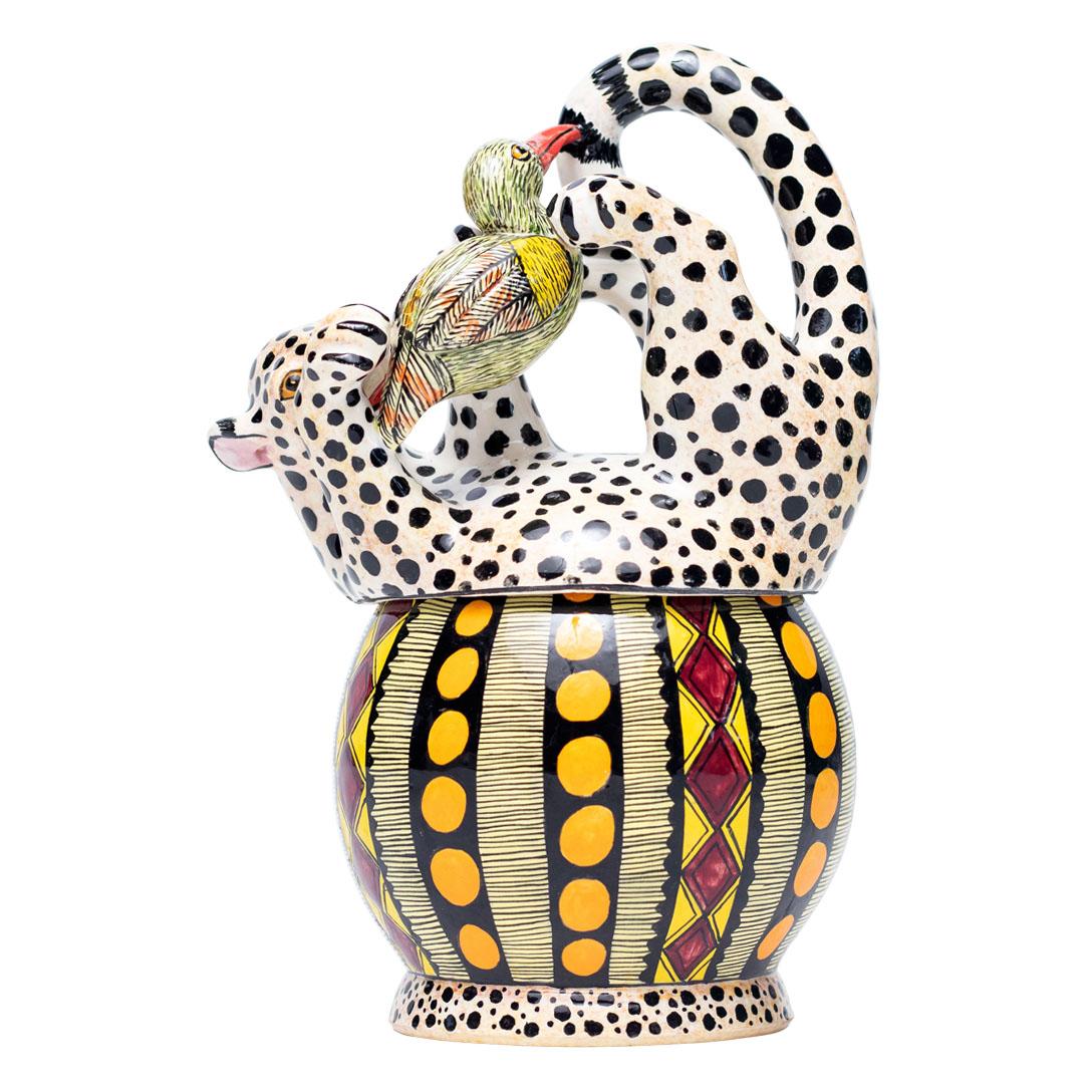 Ceramic Cheetah And Bird Jewelry Box  , hand made in South Africa For Sale 1