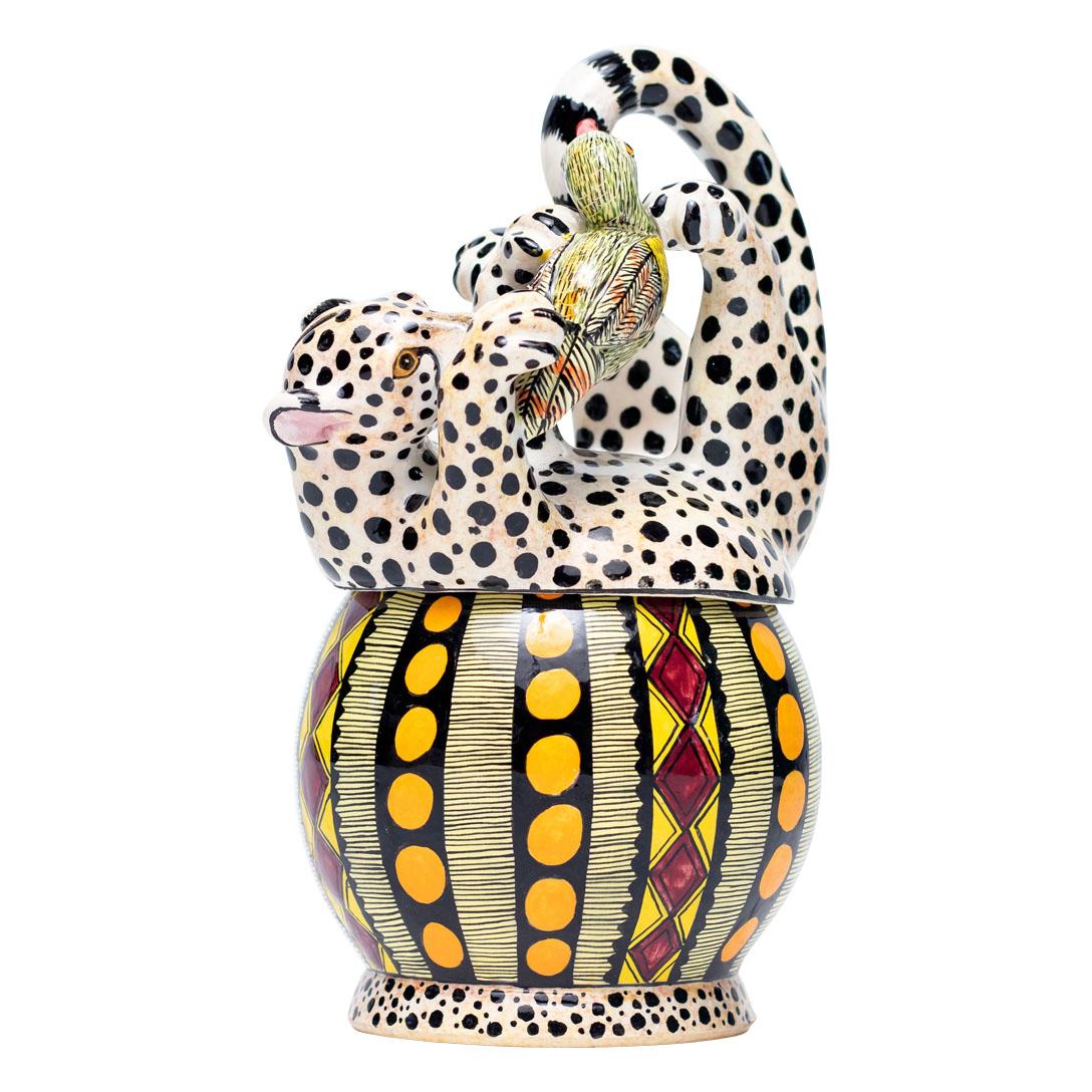 Ceramic Cheetah And Bird Jewelry Box  , hand made in South Africa For Sale 2