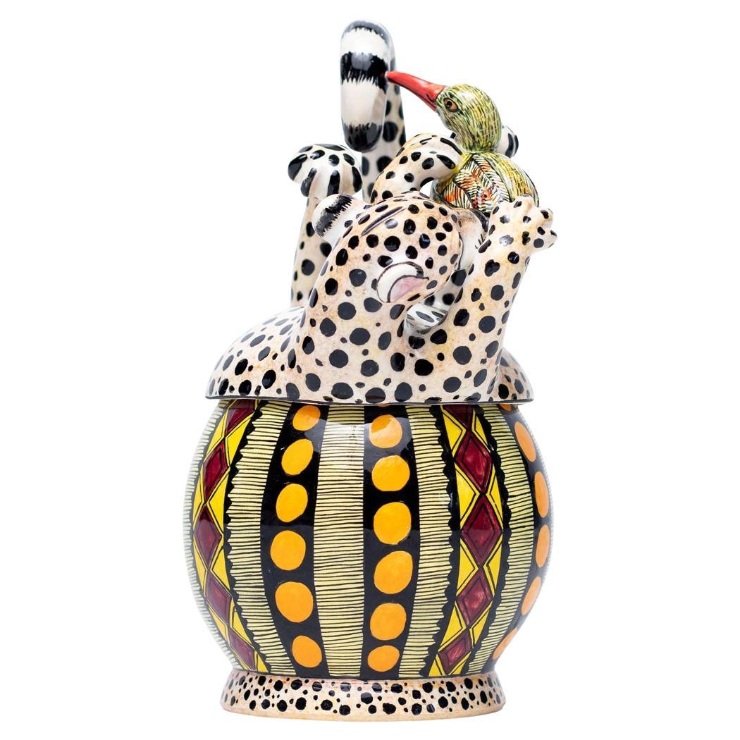 Ceramic Cheetah And Bird Jewelry Box  , hand made in South Africa