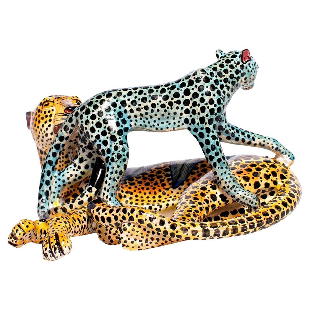 Ceramic  Cheetah And Cub Sculpture , hand made in South Africa