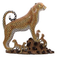 Ceramic Cheetah And Cubs Sculpture  , hand made in South Africa