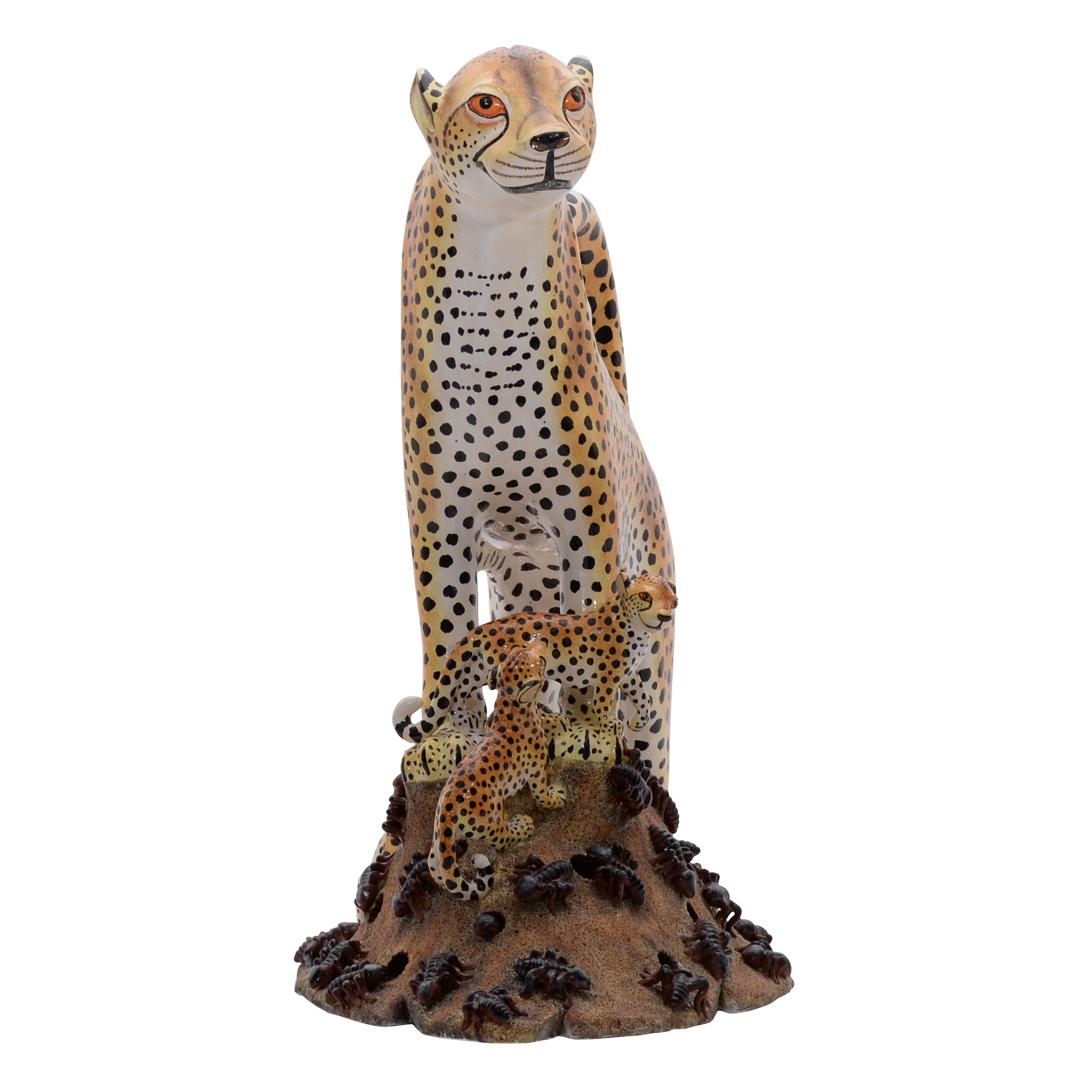 Modern Ceramic Cheetah And Cubs Sculpture  , hand made in South Africa