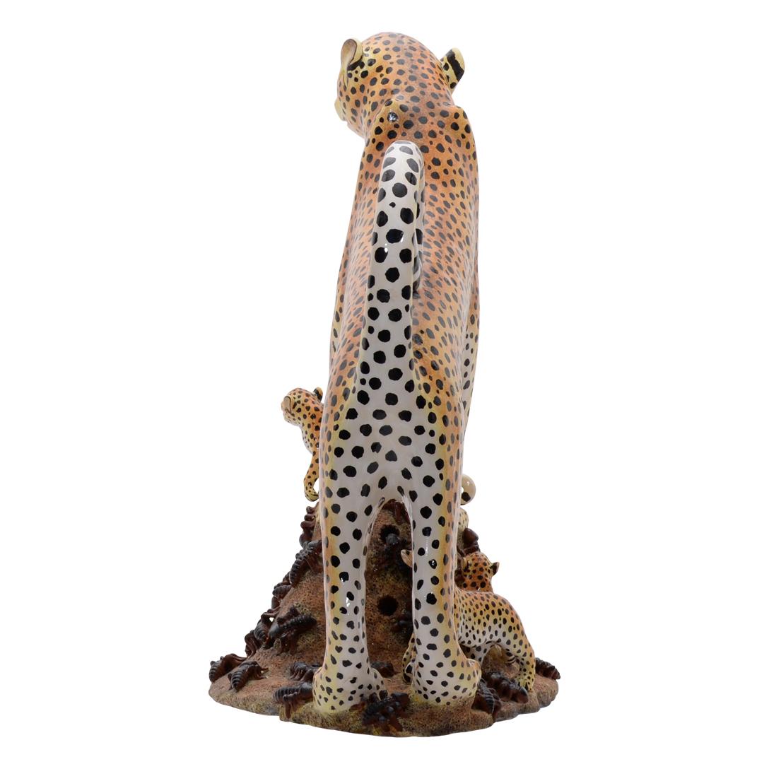 Hand-Painted Ceramic Cheetah And Cubs Sculpture  , hand made in South Africa