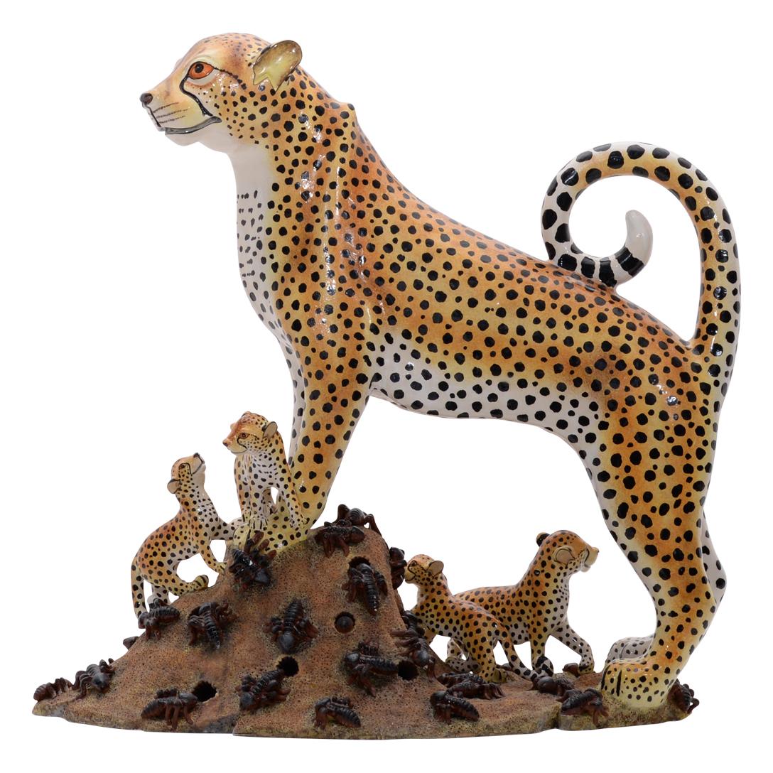 Ceramic Cheetah And Cubs Sculpture  , hand made in South Africa In Excellent Condition In North Miami, FL