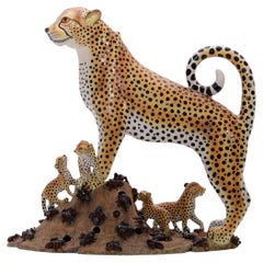 Escultura de cerámica Guepardo y cachorros Hecho a mano en Sudáfrica