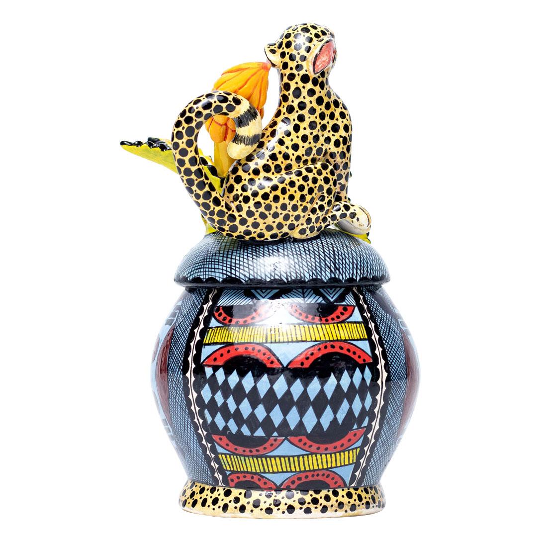 Ceramic Cheetah Jewelry Box  , hand made in South Africa In Excellent Condition In North Miami, FL