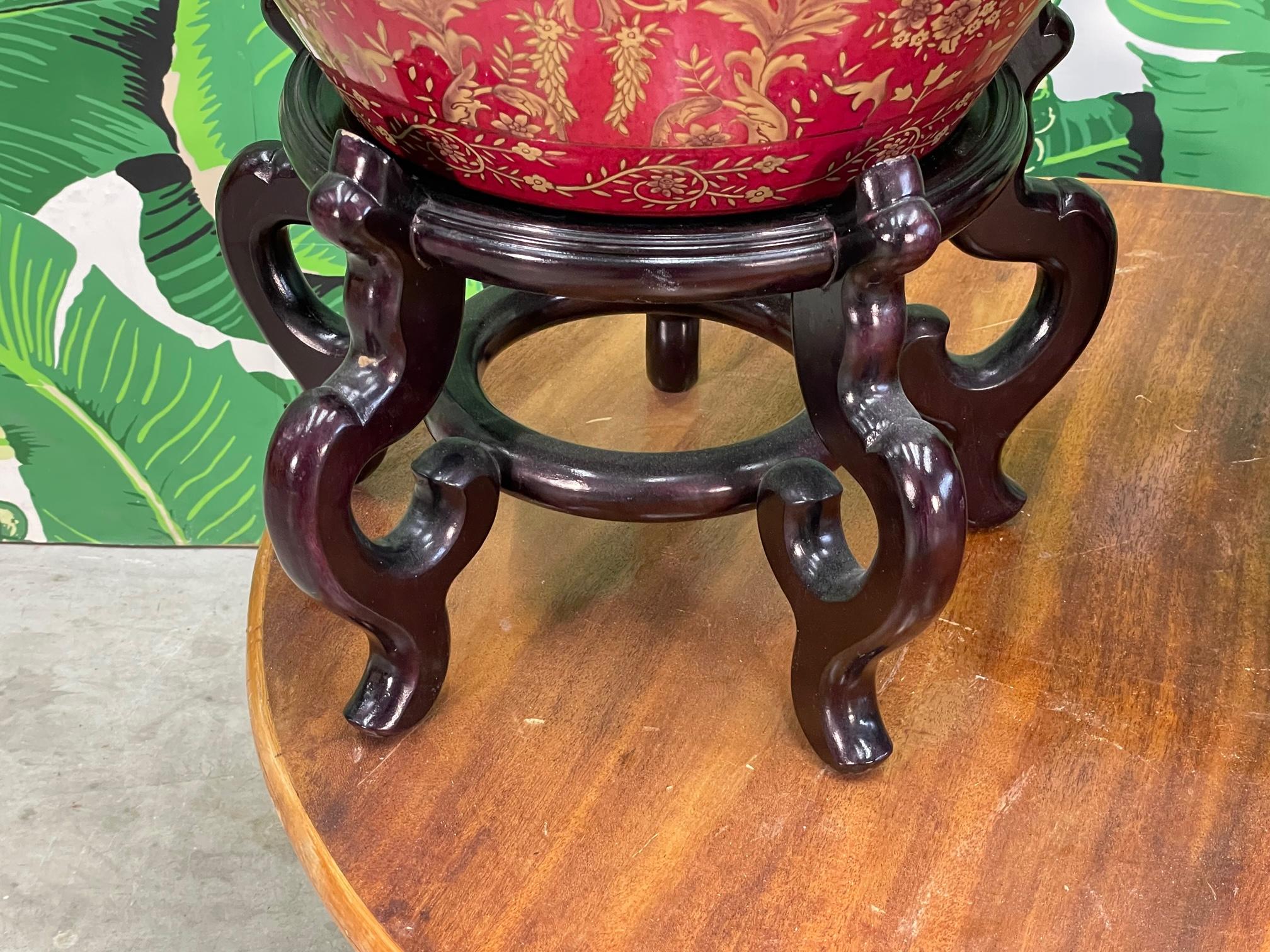 Ceramic Chinese Fish Bowl Jardiniere Planter Carved Stands In Good Condition In Jacksonville, FL