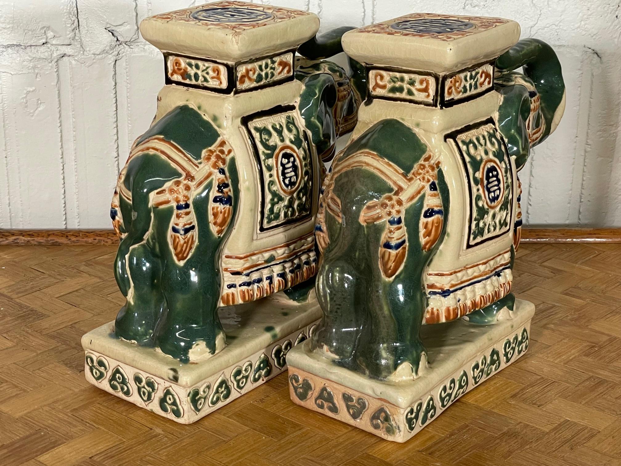 Ceramic Chinoiserie Elephant Garden Stool Bookends, a Pair In Good Condition In Jacksonville, FL