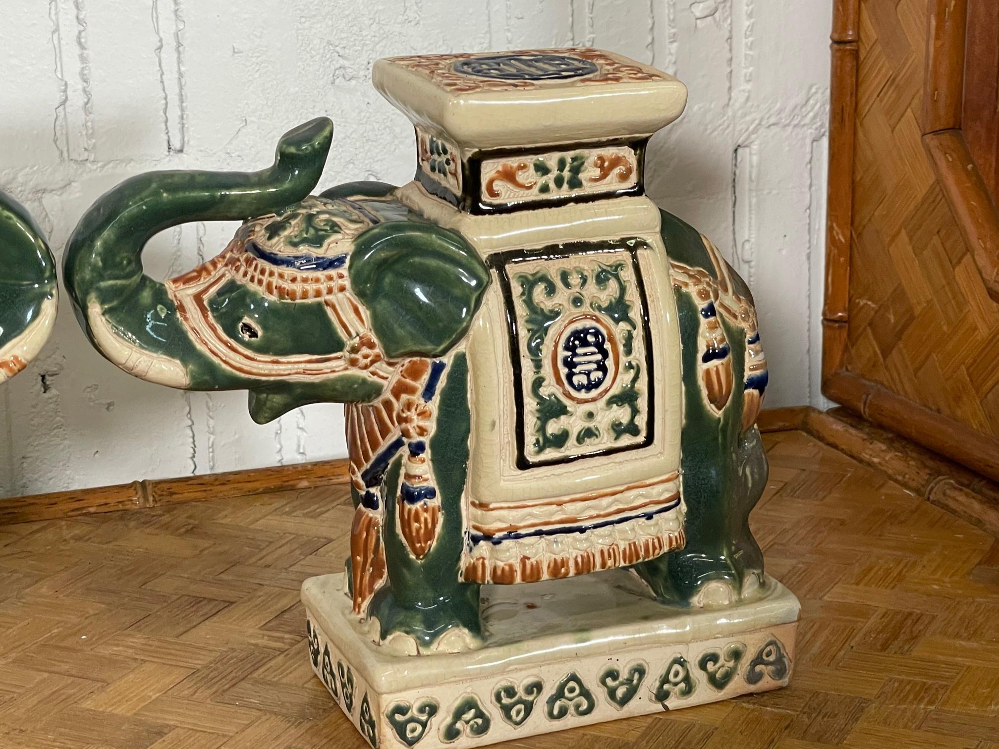 Ceramic Chinoiserie Elephant Garden Stool Bookends, a Pair 1